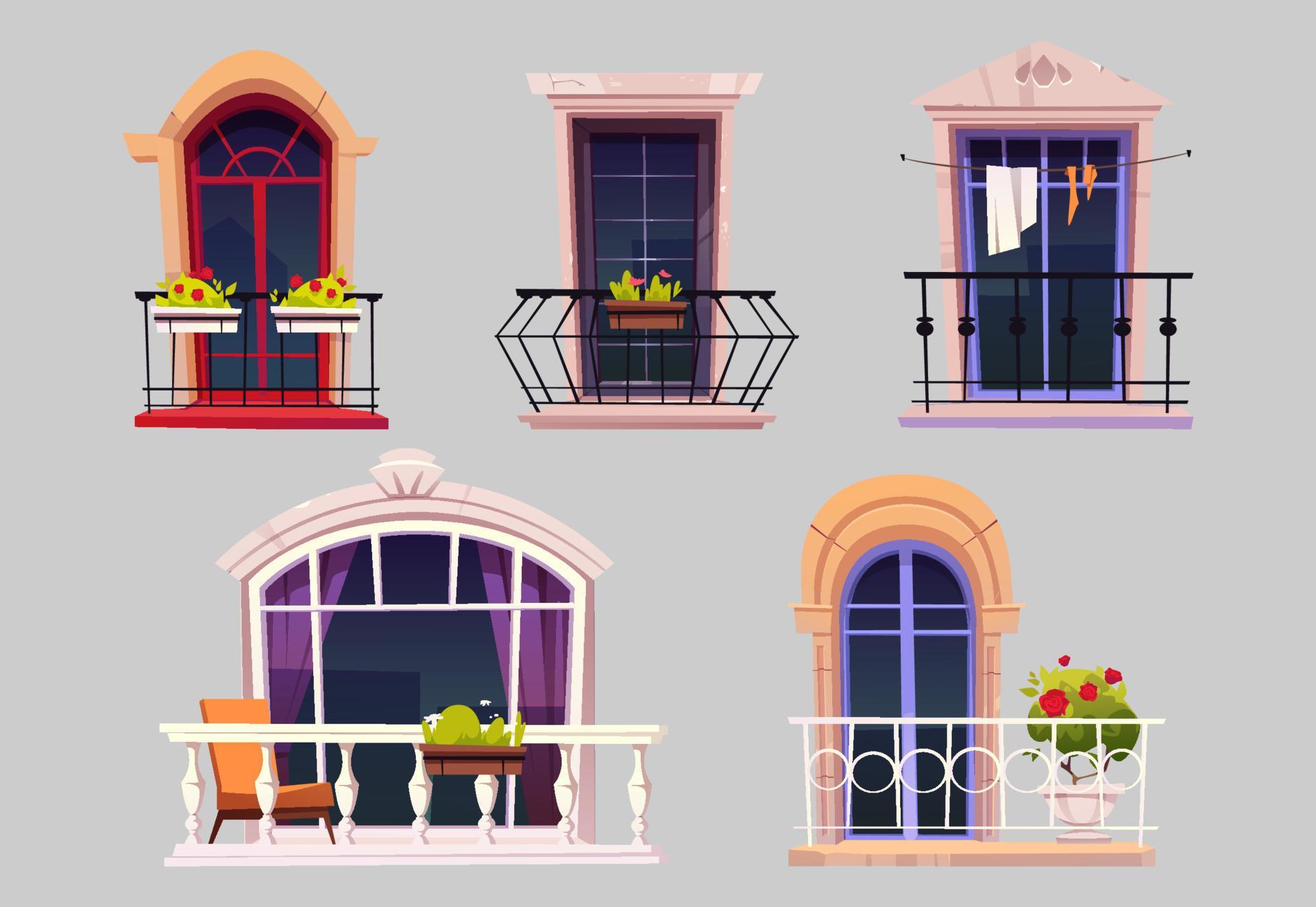 Balconies with glass windows, fence and flowers Stock Free