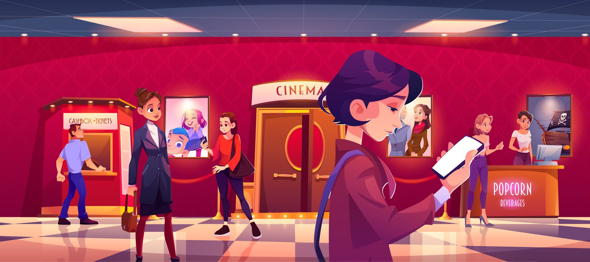 Cinema lobby with ticket box, snack bar and people Free Vector