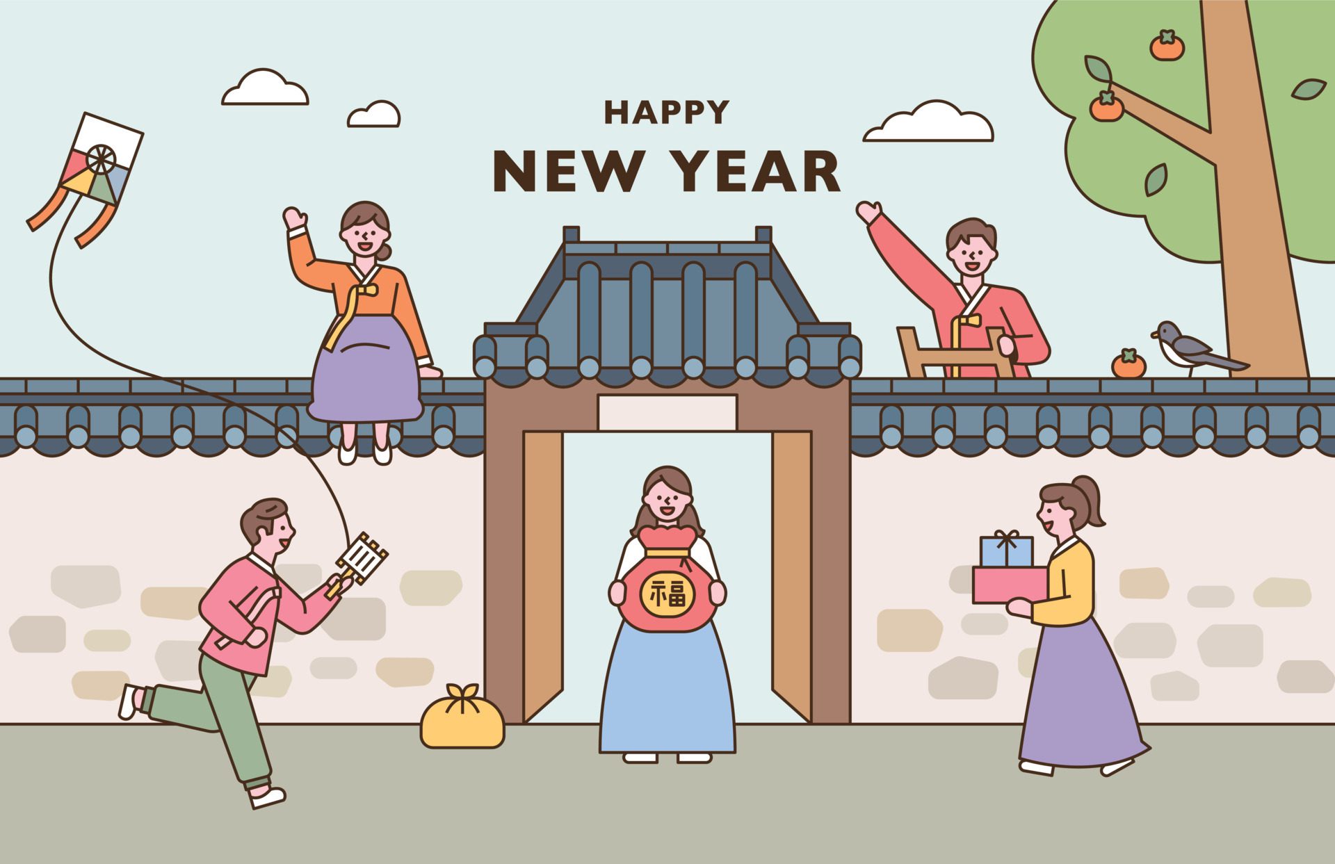 People in hanbok are greeting the new year in front of a traditional Korean house. flat design style vector illustration. Free Vector