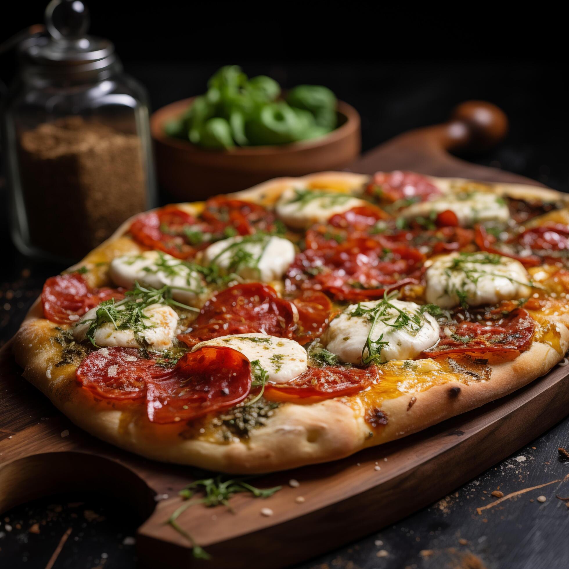 Side view of Italian pizza with pesto, tomatoes and mozzarella, black background. Photo for restaurant menu, advertising, delivery, banner Stock Free