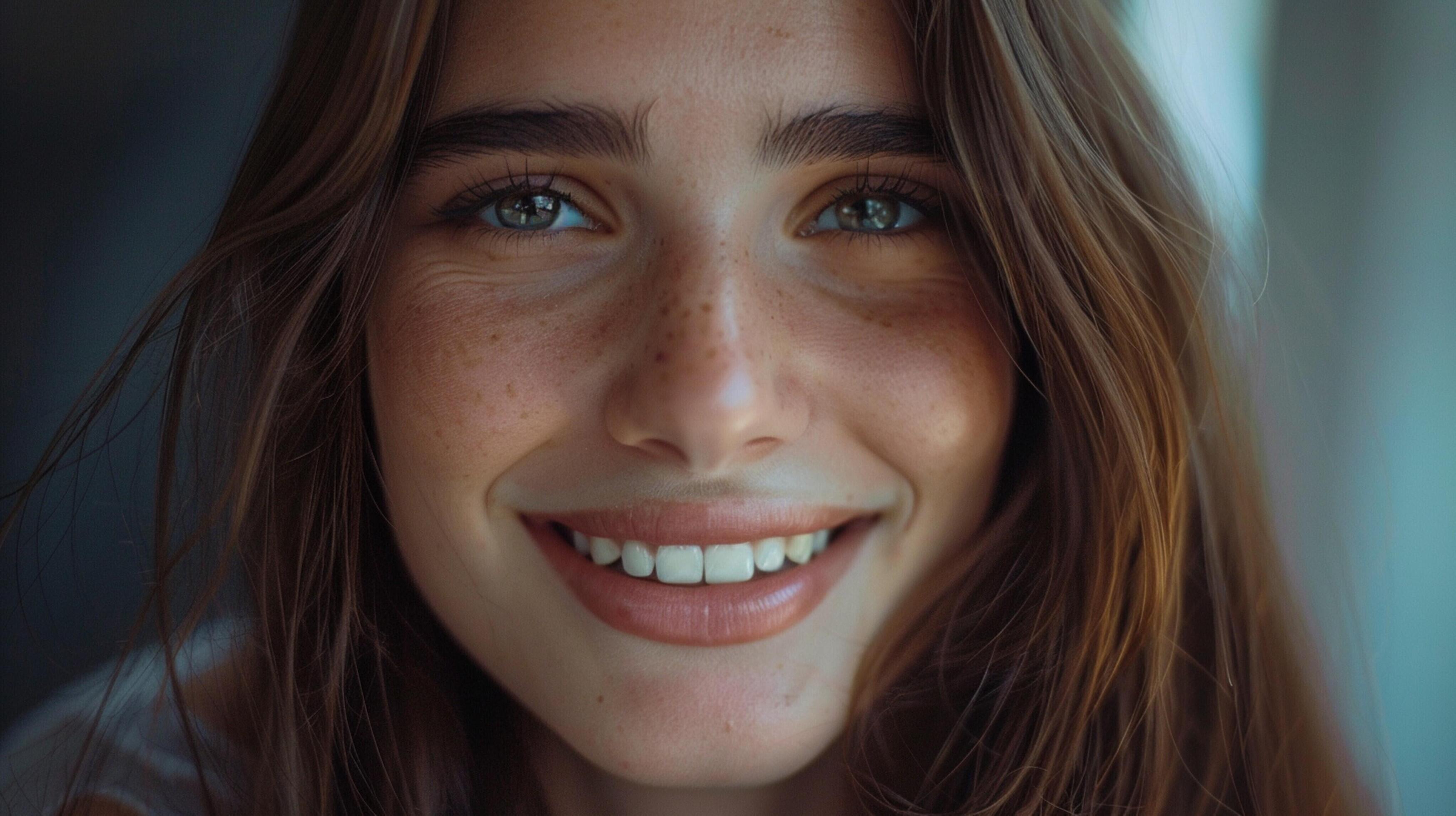 young woman with long brown hair smiling Stock Free