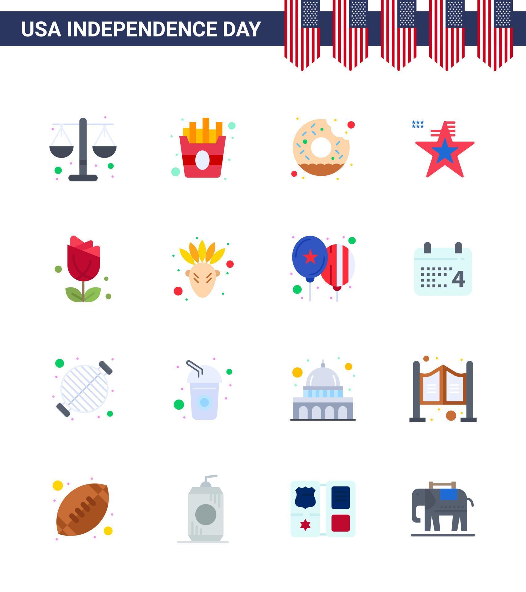 
									16 USA Flat Signs Independence Day Celebration Symbols of usa flower round usa american Editable USA Day Vector Design Elements Stock Free