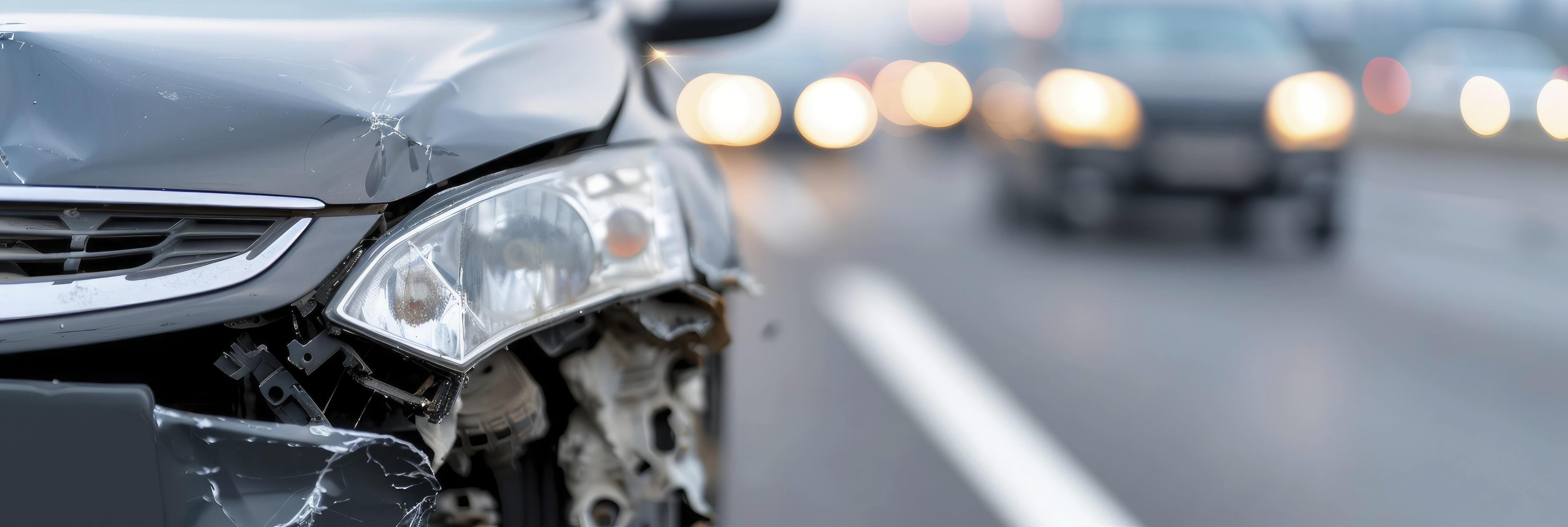 An accident damaged black car on the side of a highway, with cracks in its hood and headlights. The background shows other cars moving past. Stock Free