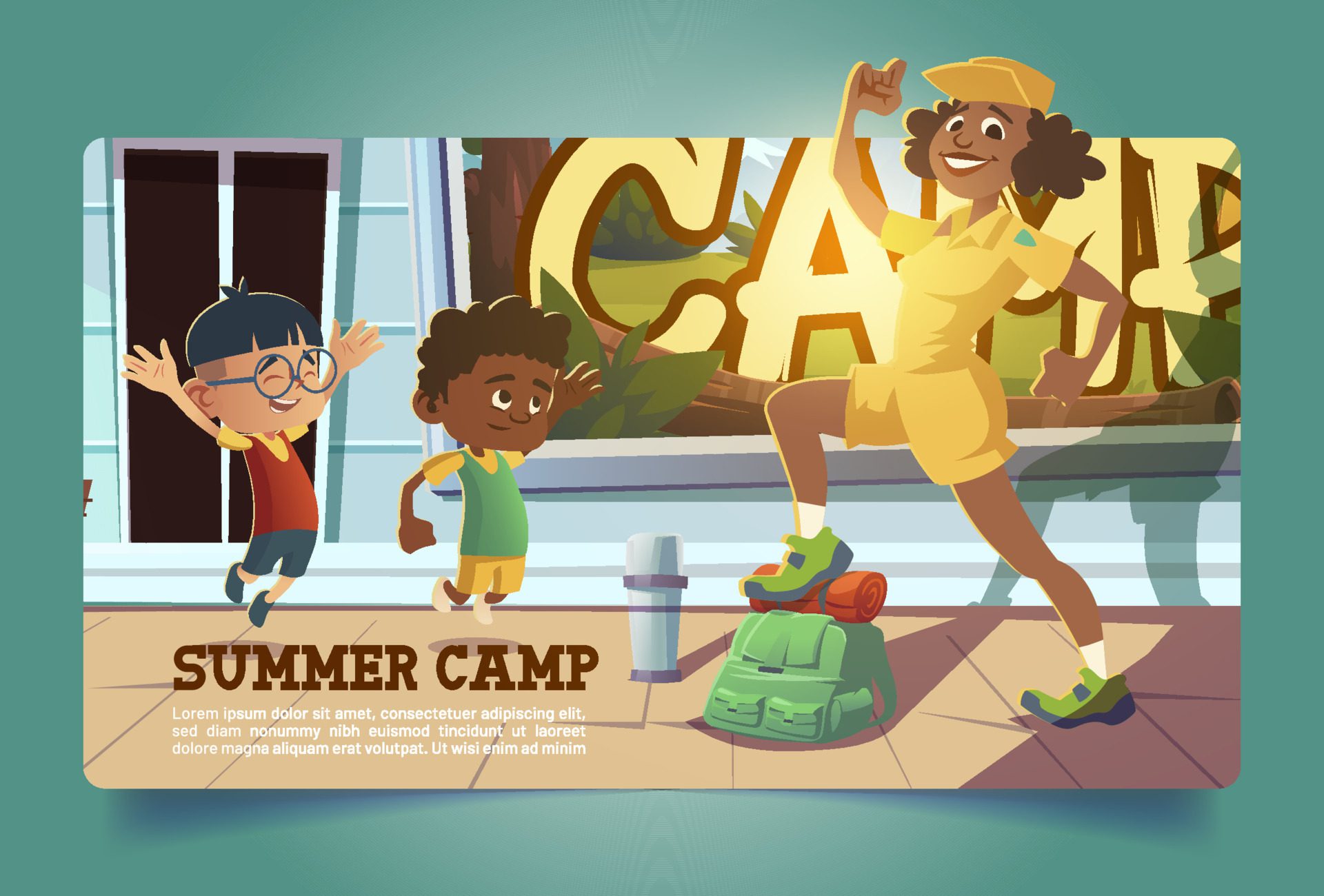 Summer camp poster with people going to hike Free Vector