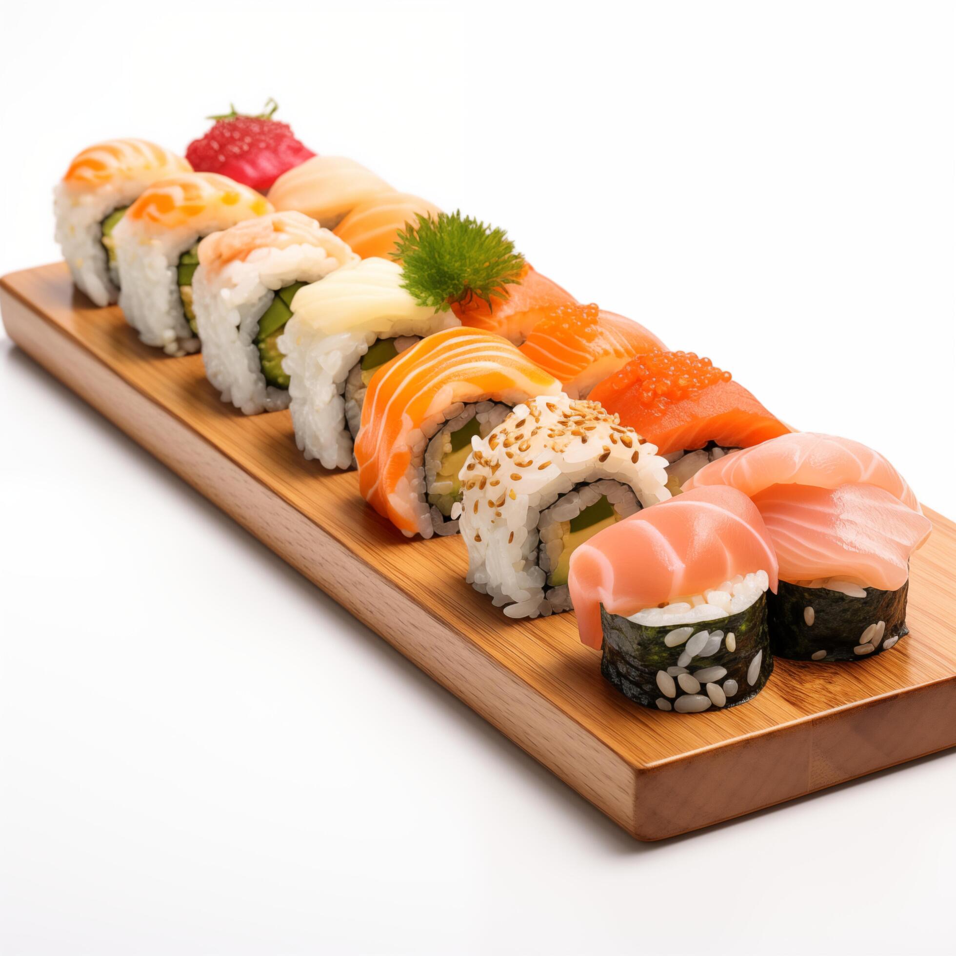 Wooden desk with different kinds of sushi isolated on white background. Photo for restaurant menu, advertising, delivery, banner Stock Free