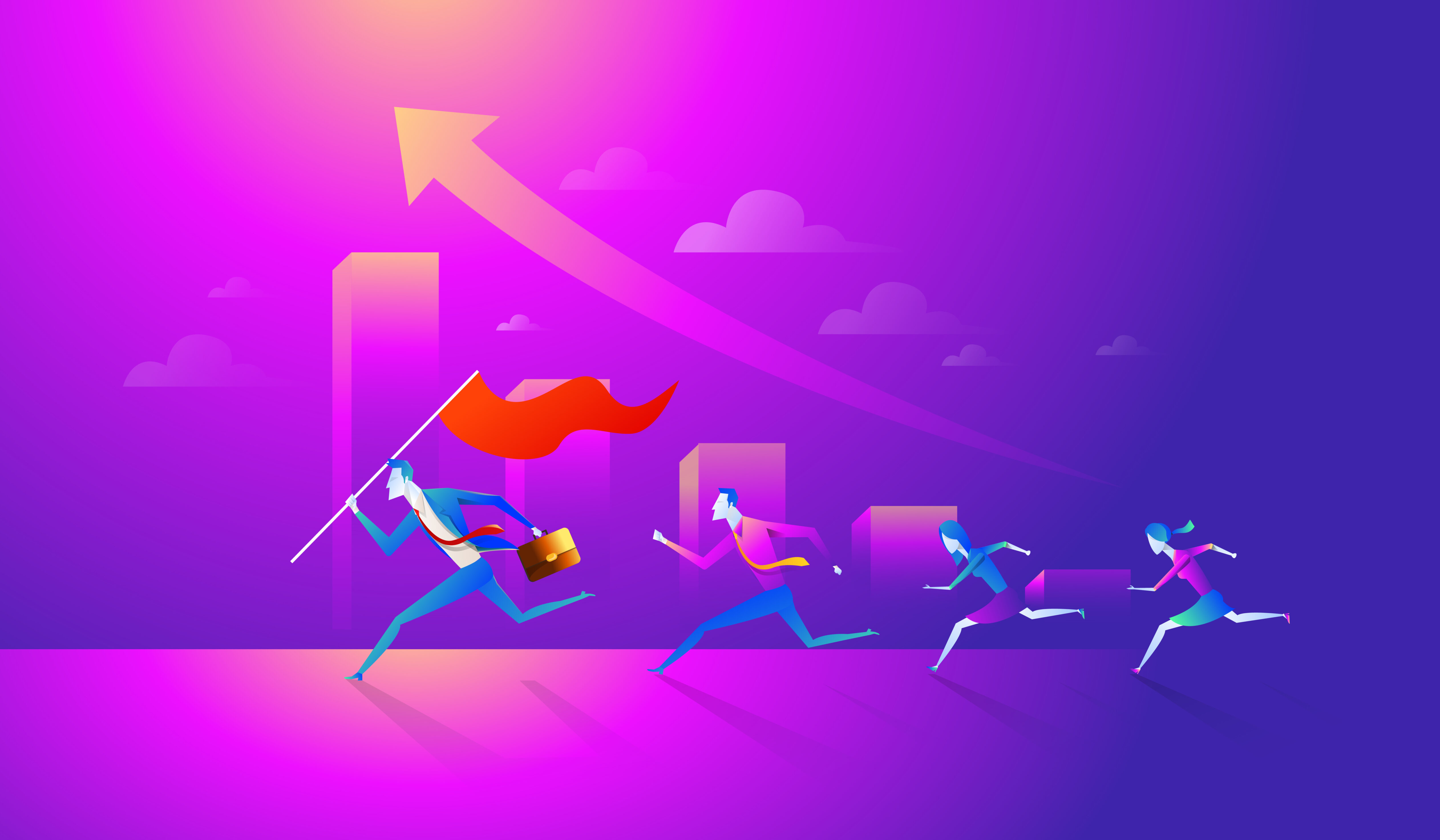 Business team holding flag and running to success. Concept business vector illustration Free Vector