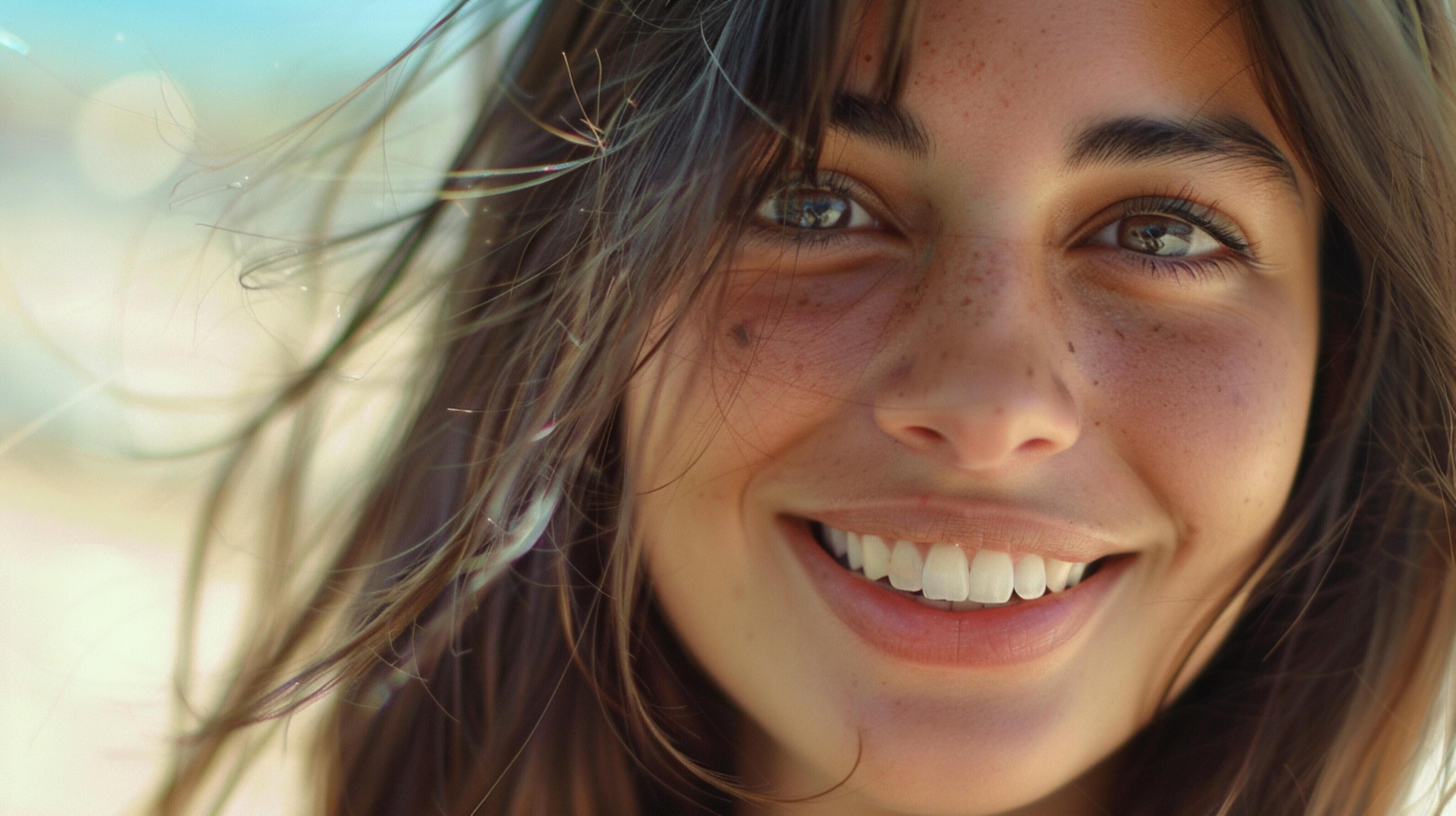 young woman with long brown hair smiling Stock Free