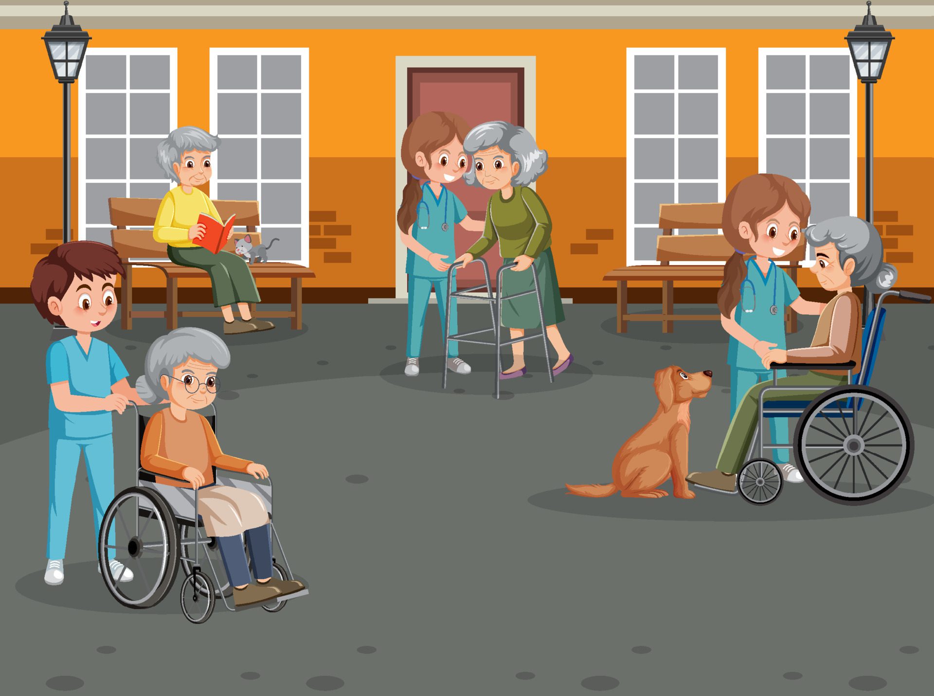 Outdoor park with elderly people and caregivers Free Vector