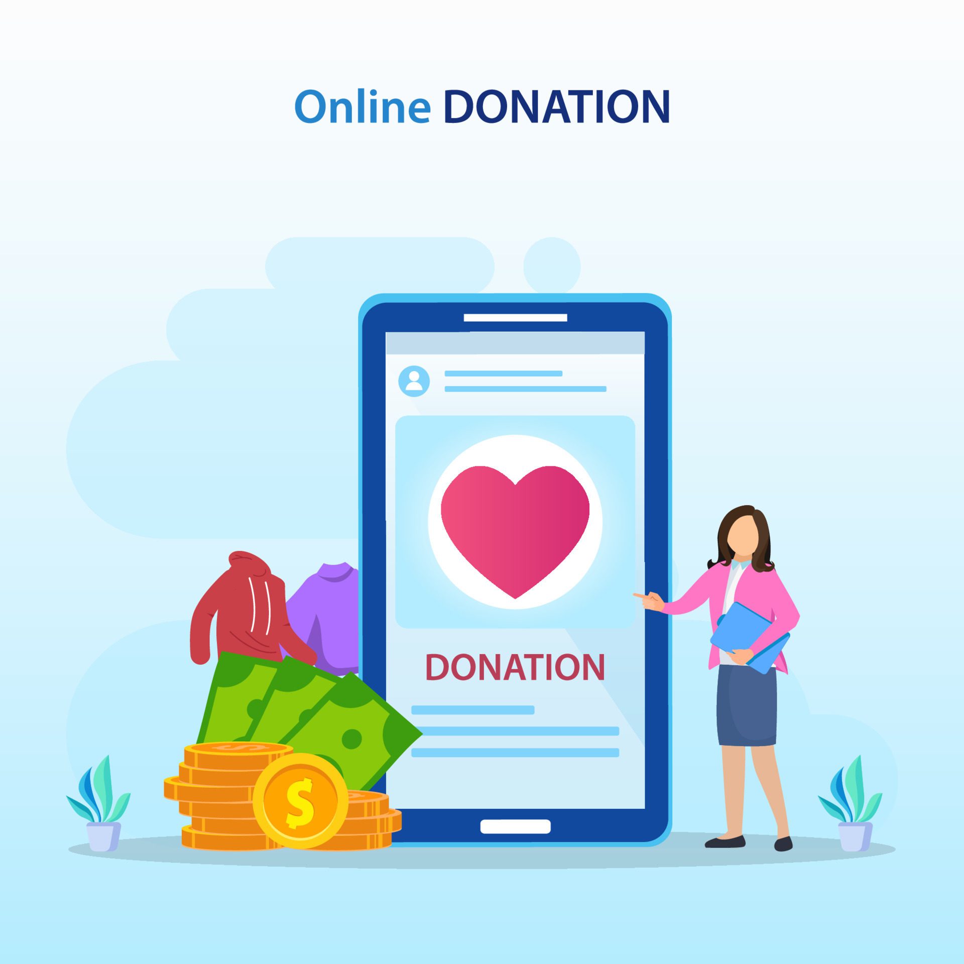 Online Donation Illustration. Charity and donation web poster, people donate money. Free Vector and Free SVG