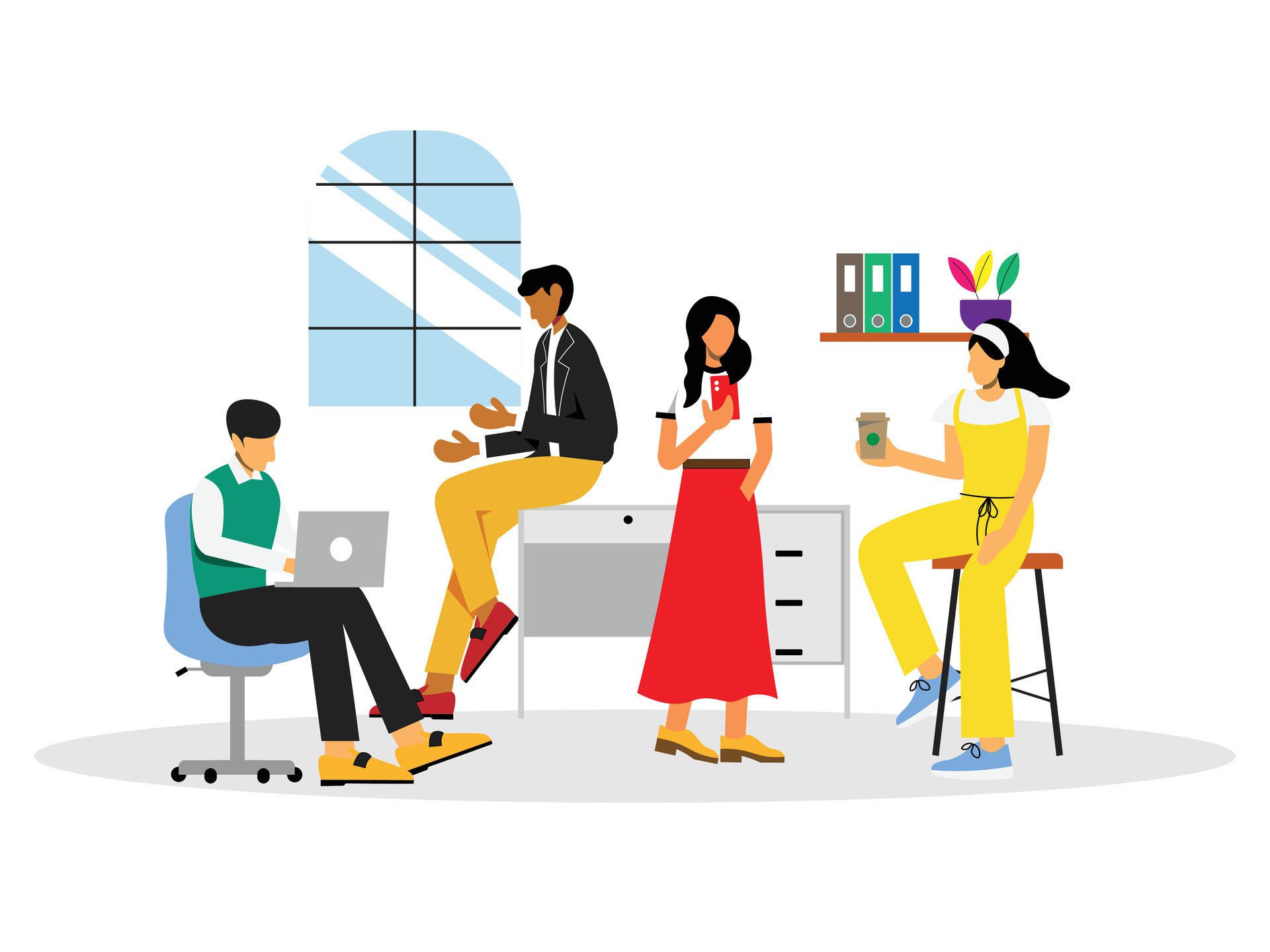 young people man and woman working on laptop at coworking space concept illustration Free Vector