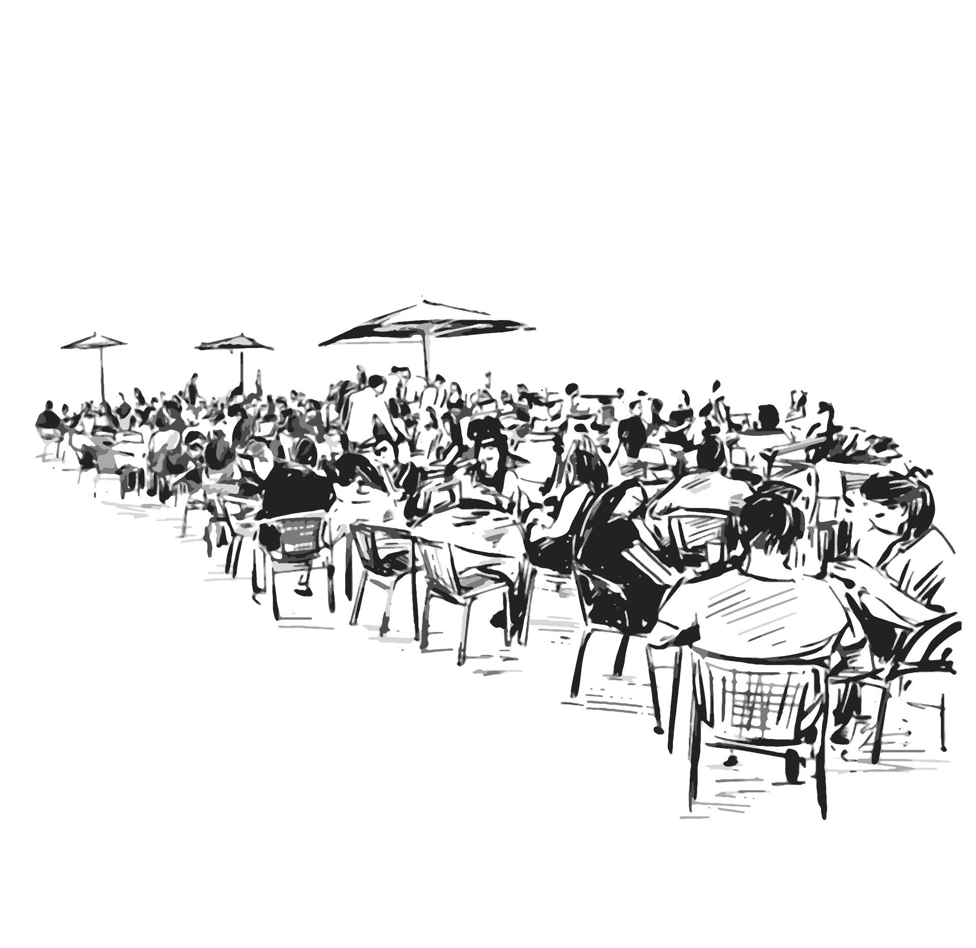 Drawing of Busy Restaurant With People Sitting And Eating Free Vector