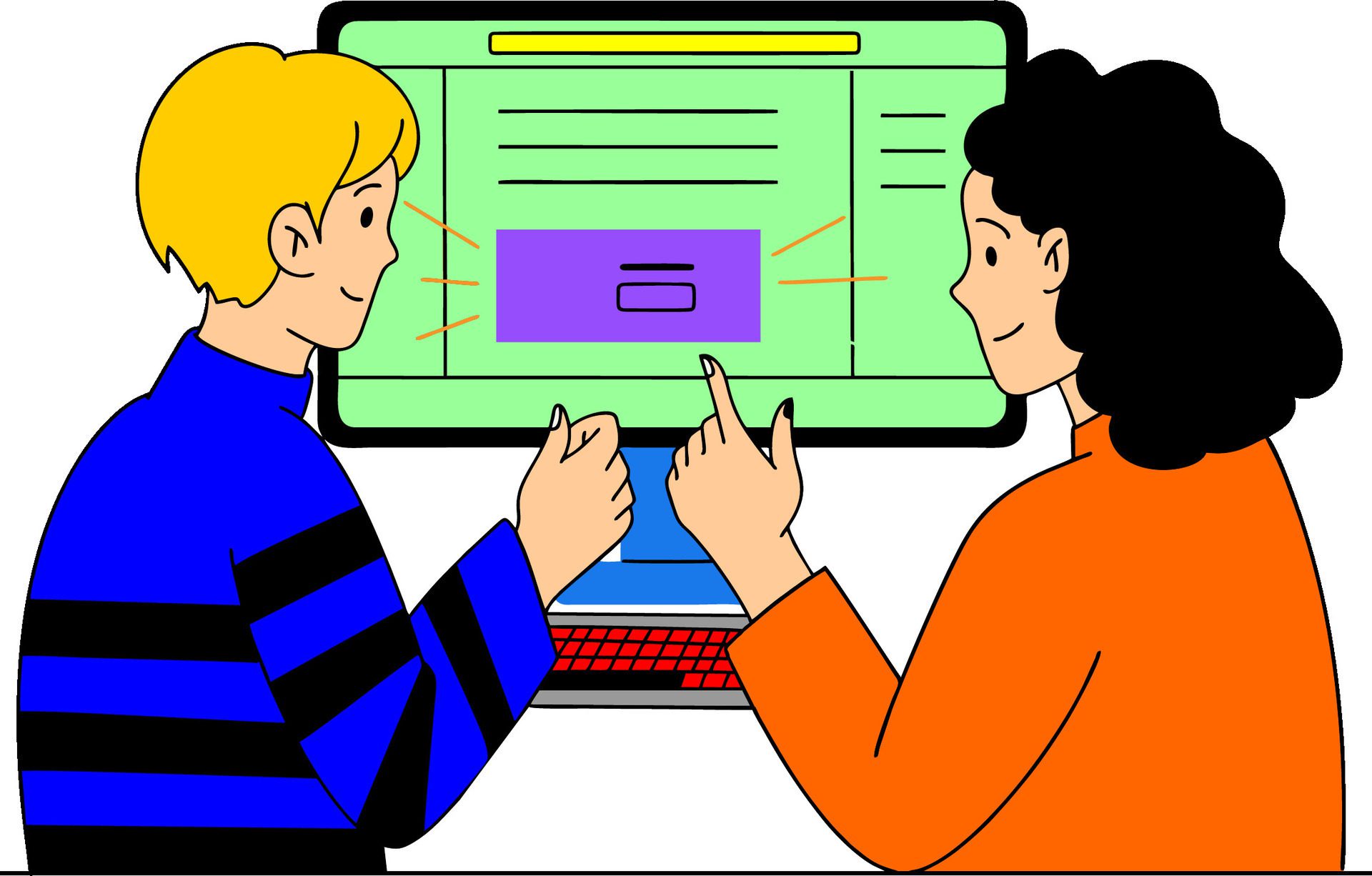 two people are looking at a computer screen Free Vector