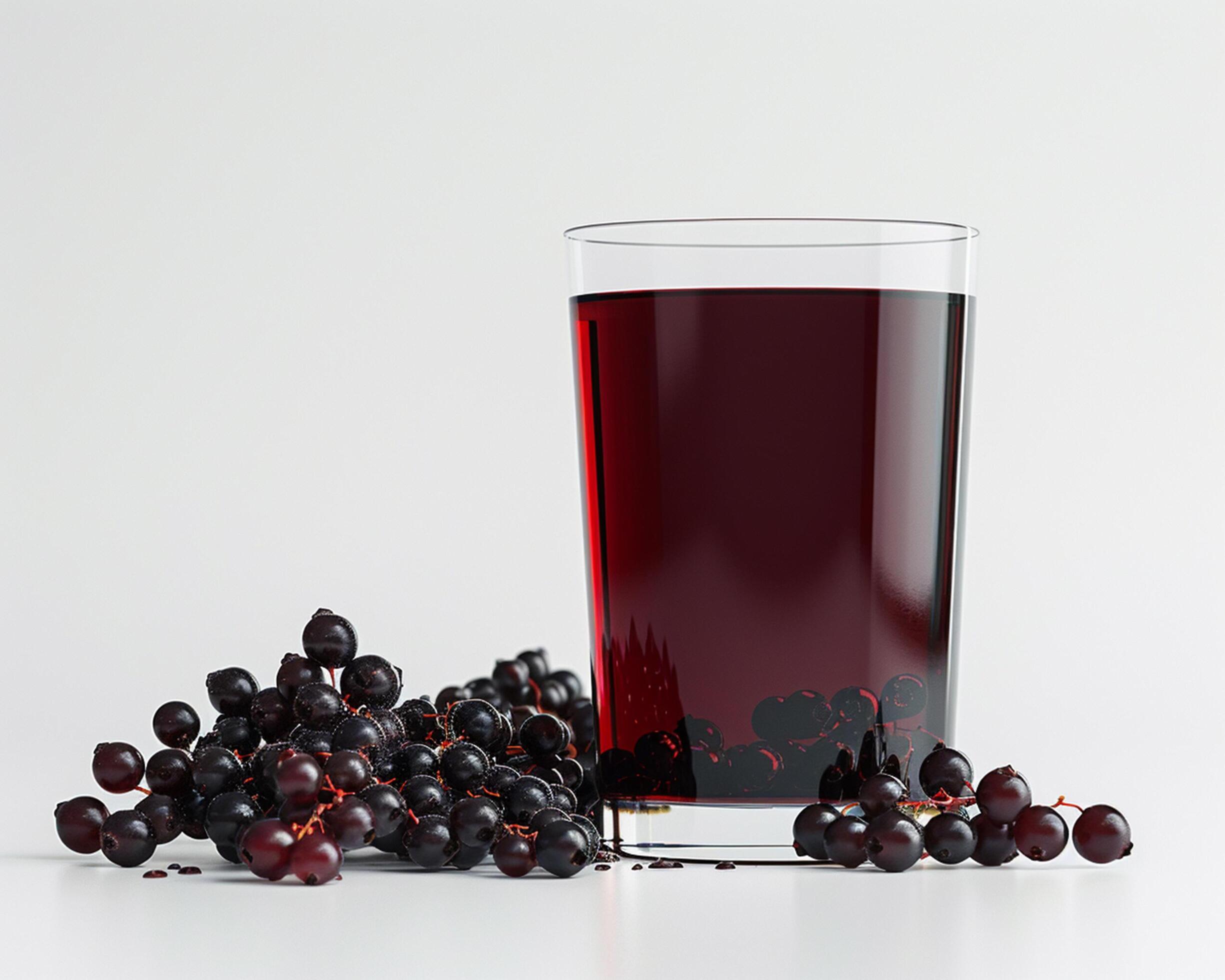 a glass of juice and some black berries Stock Free