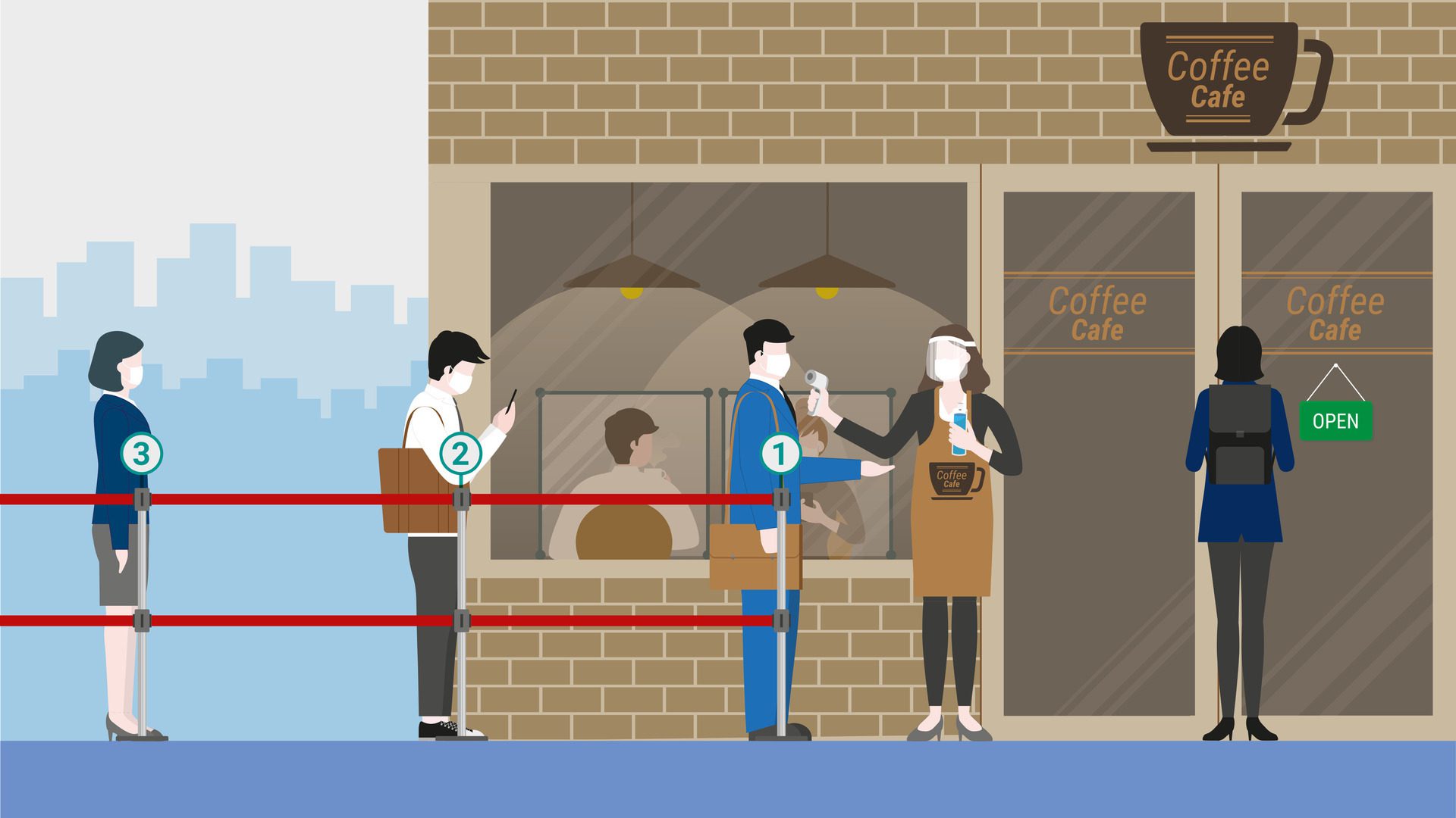 Business people in queue number for screening test before enter coffee cafe. Free Vector