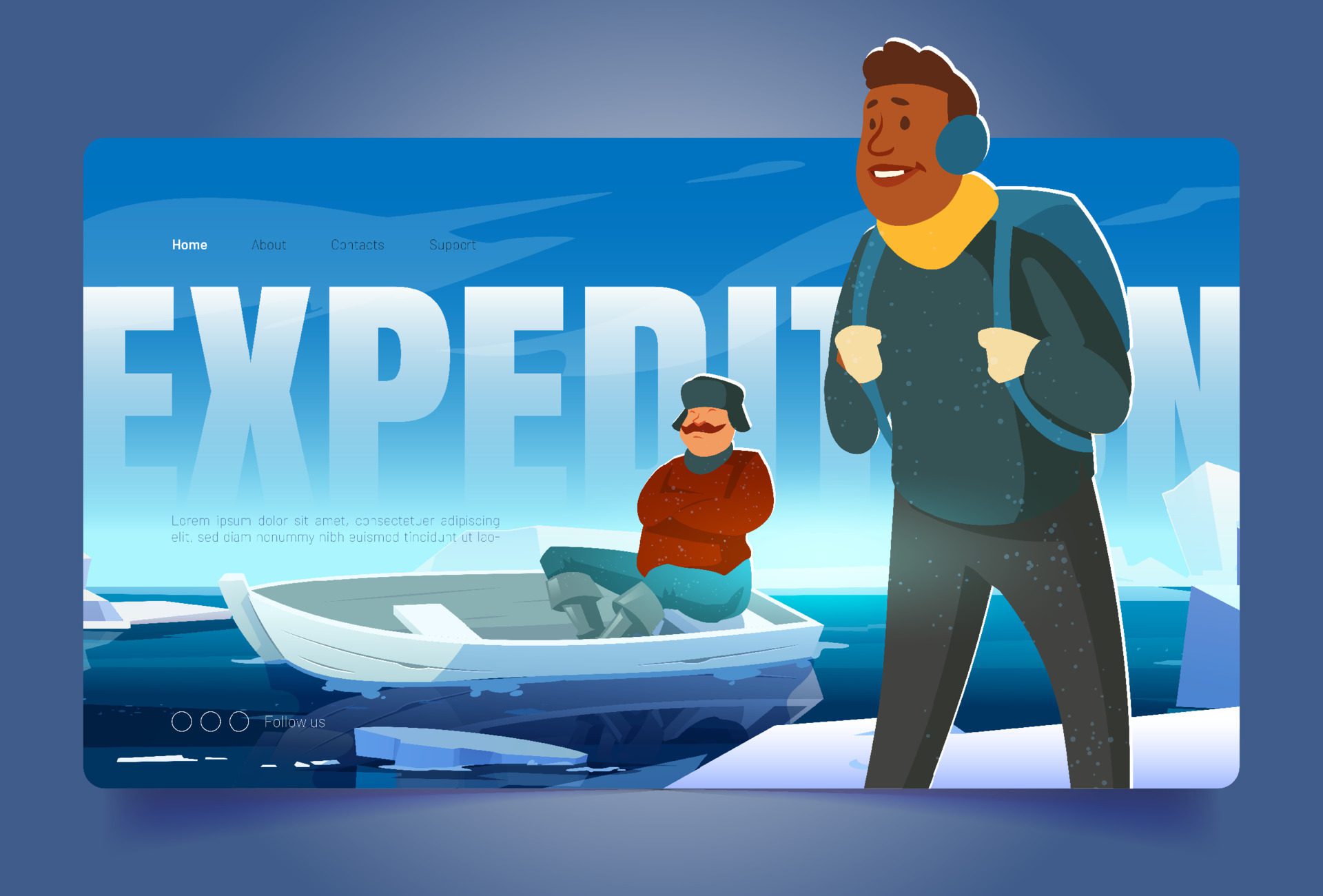 Expedition banner with people on glacier in arctic Free Vector