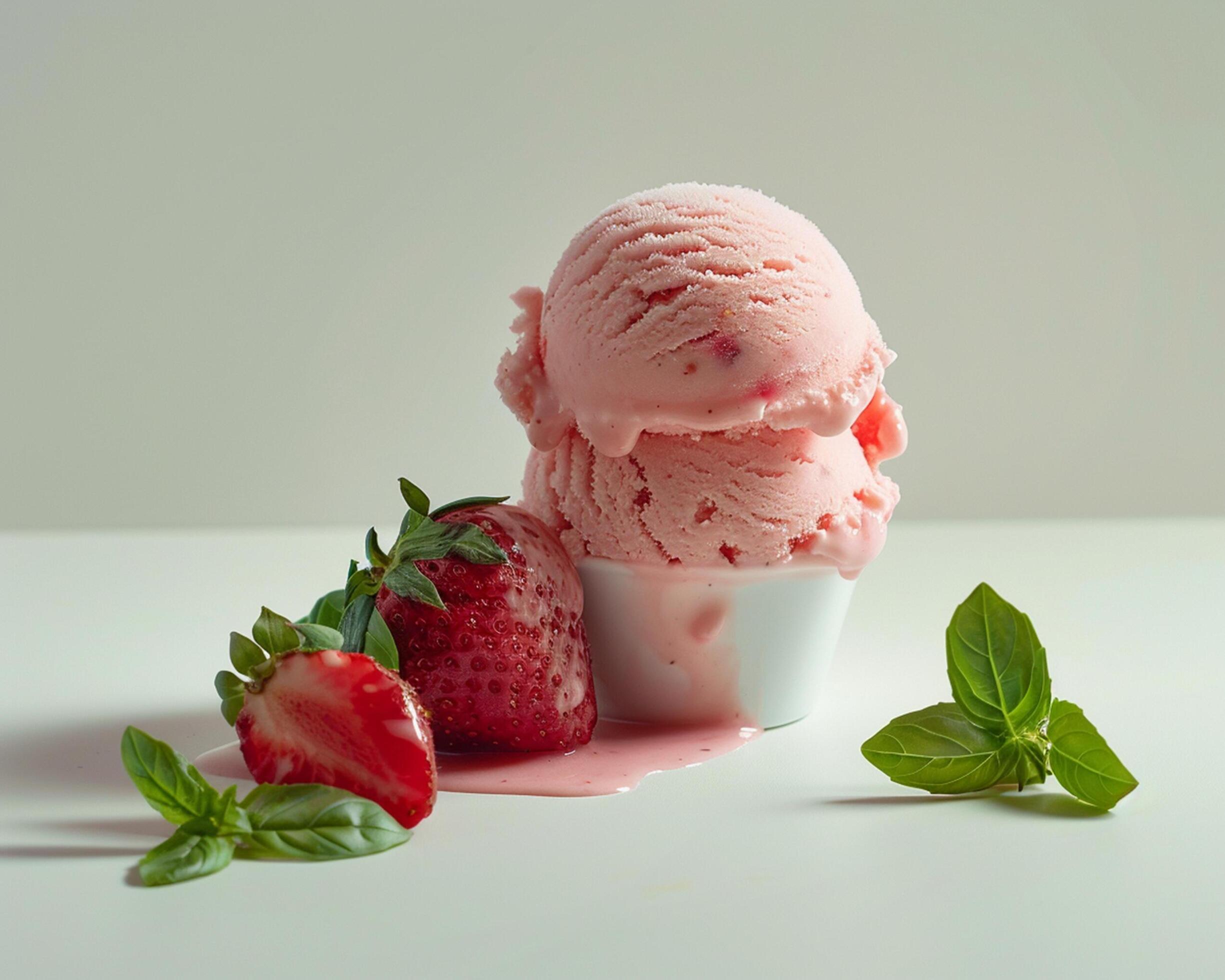 a bowl of ice cream with strawberries and mint leaves Stock Free