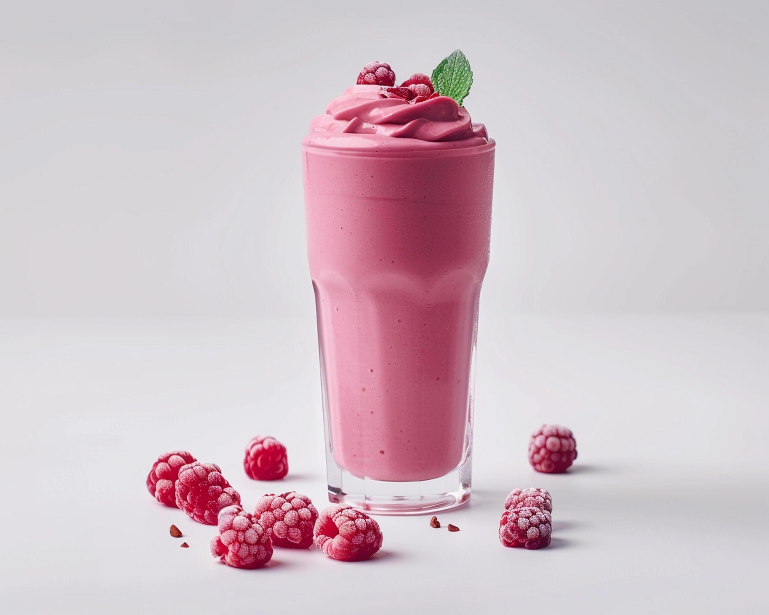 a pink smoothie with raspberries and mint leaves Stock Free