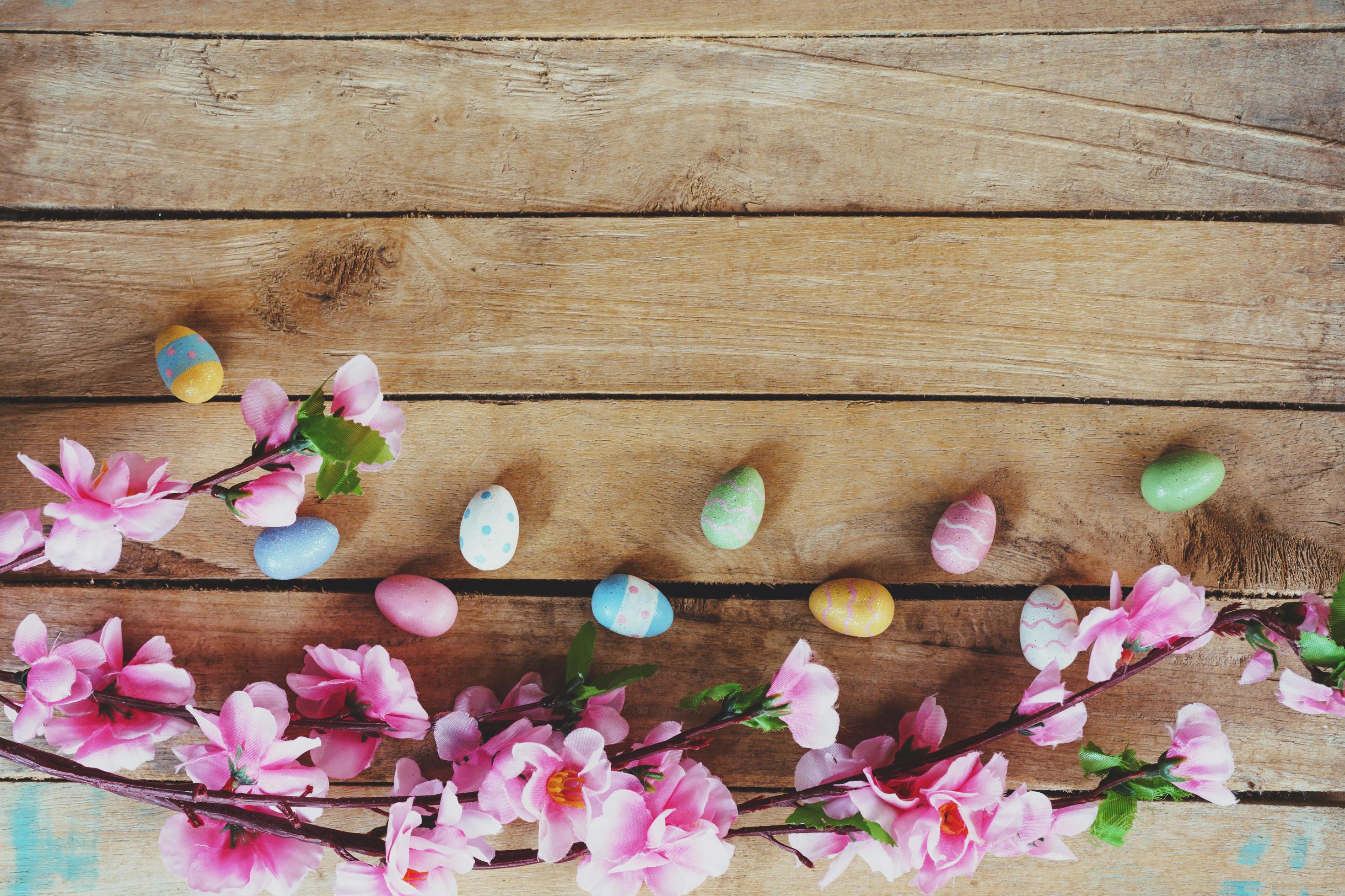 Cherry blossom Artificial flowers and easter egg on vintage wooden background with copy space. Stock Free