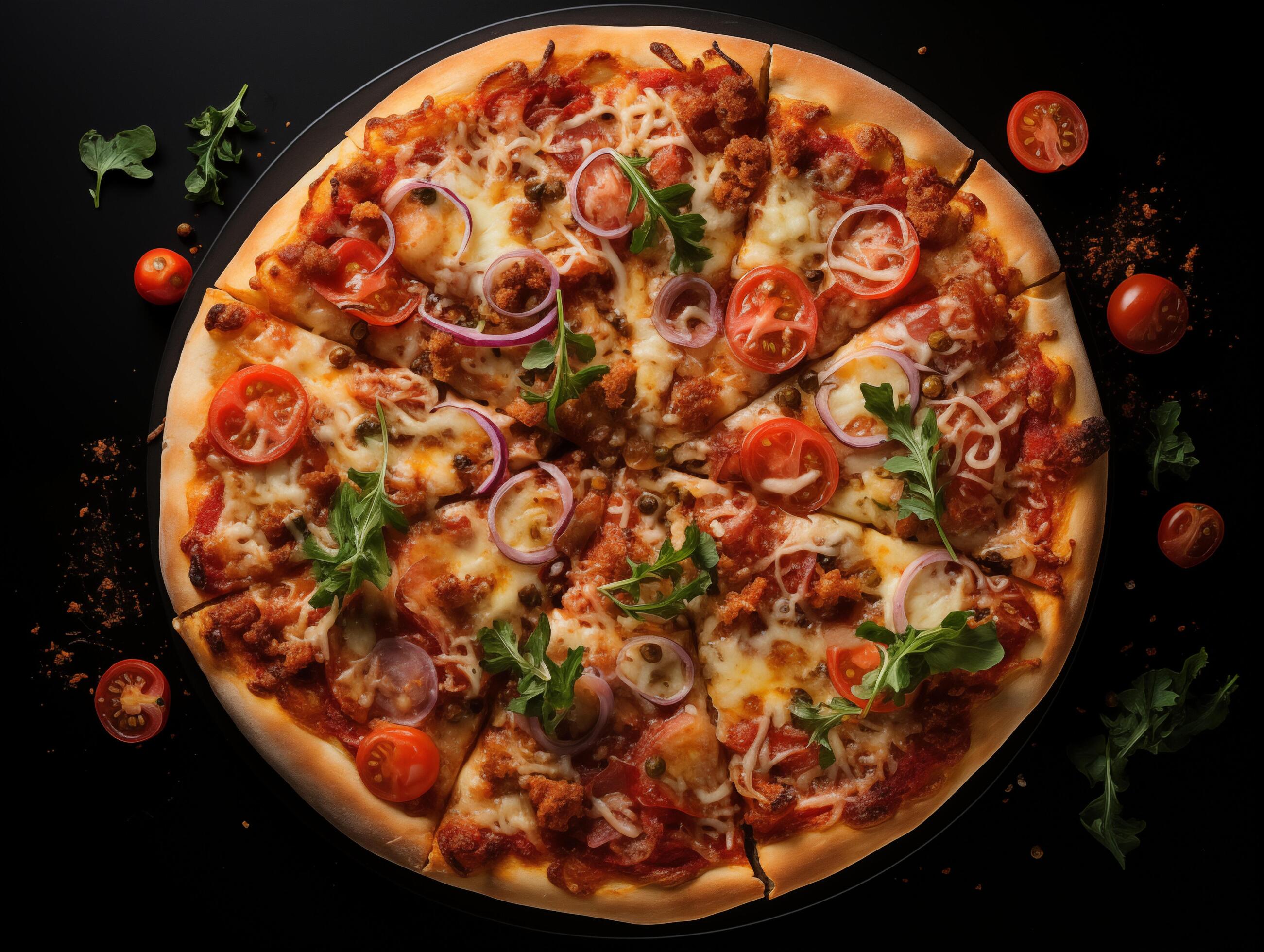 Top view of pizza isolated on black background. Photo for restaurant menu, advertising, delivery, banner Stock Free