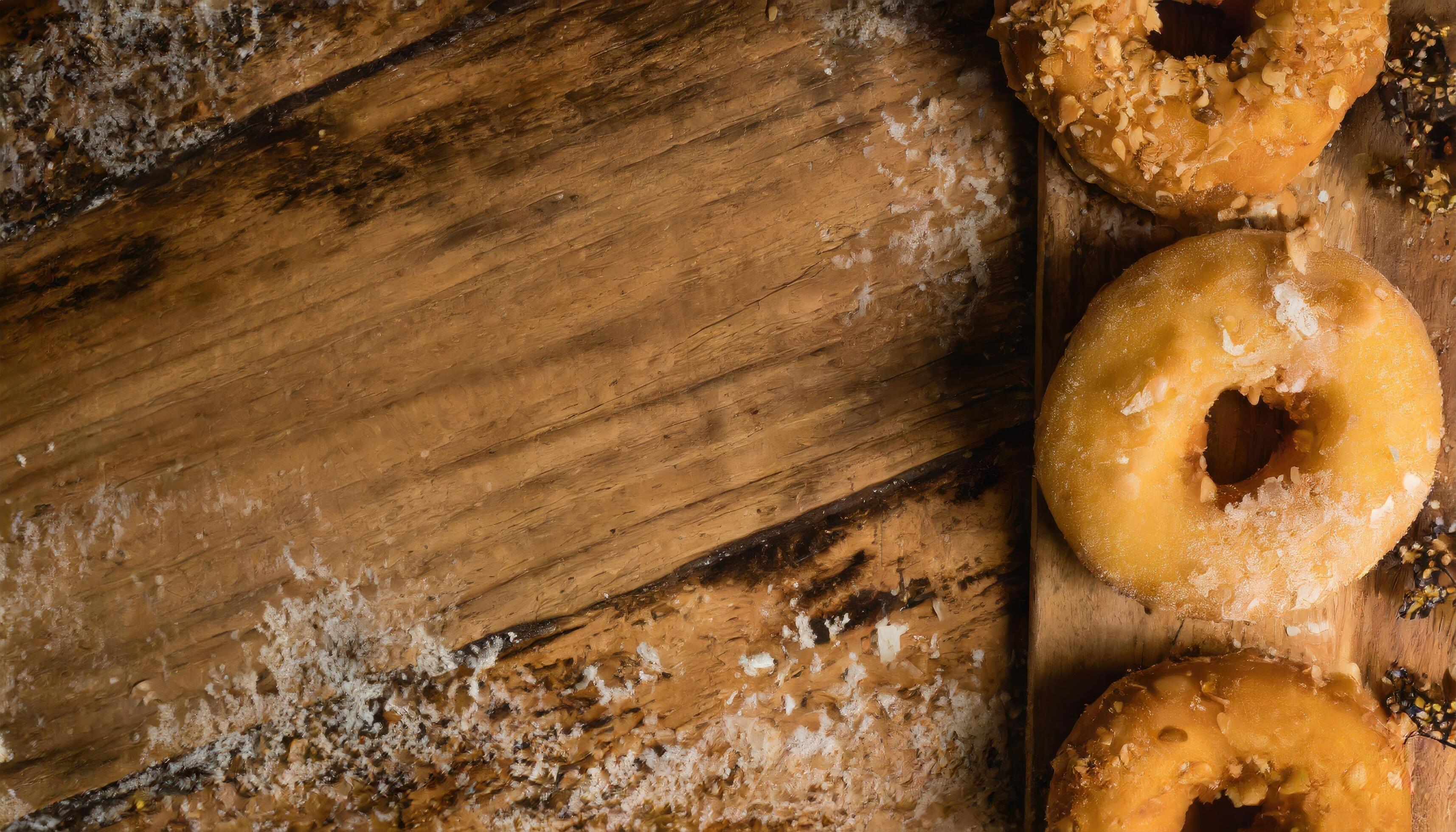 Copy Space image of Donuts with powdered sugar on wooden table on black background Stock Free