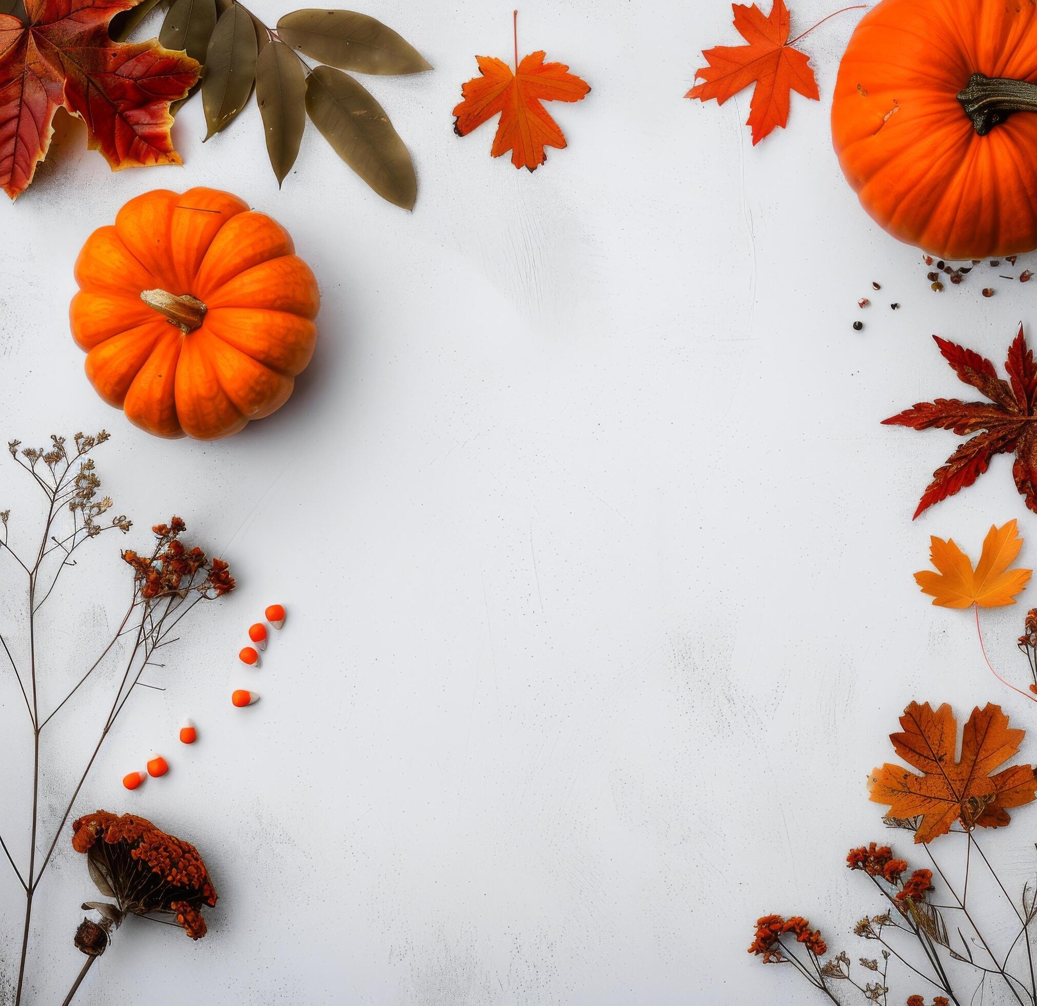 Autumn Leaves and Pumpkins on White Background Stock Free