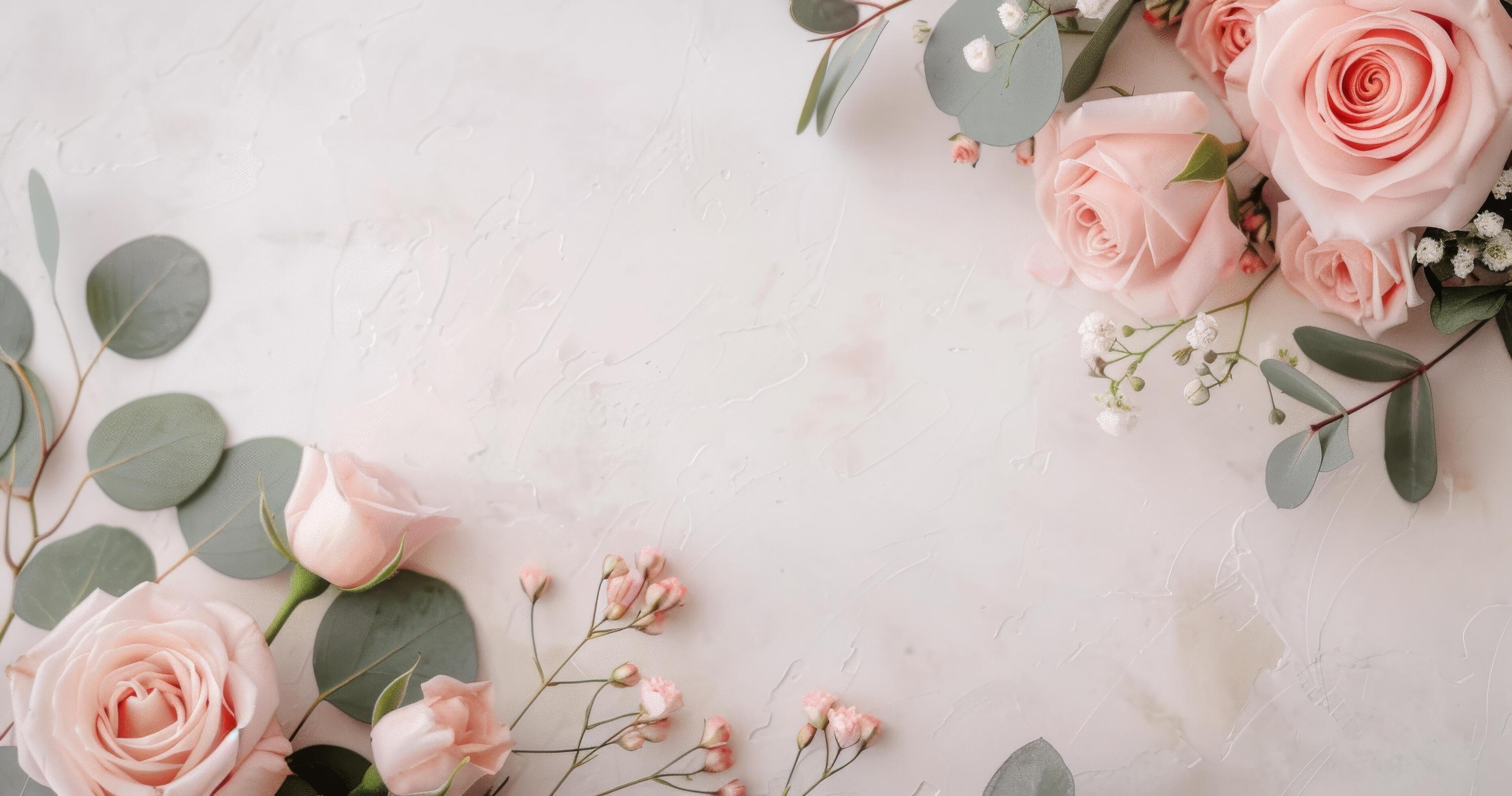 Pink Roses and Eucalyptus on White Background Stock Free