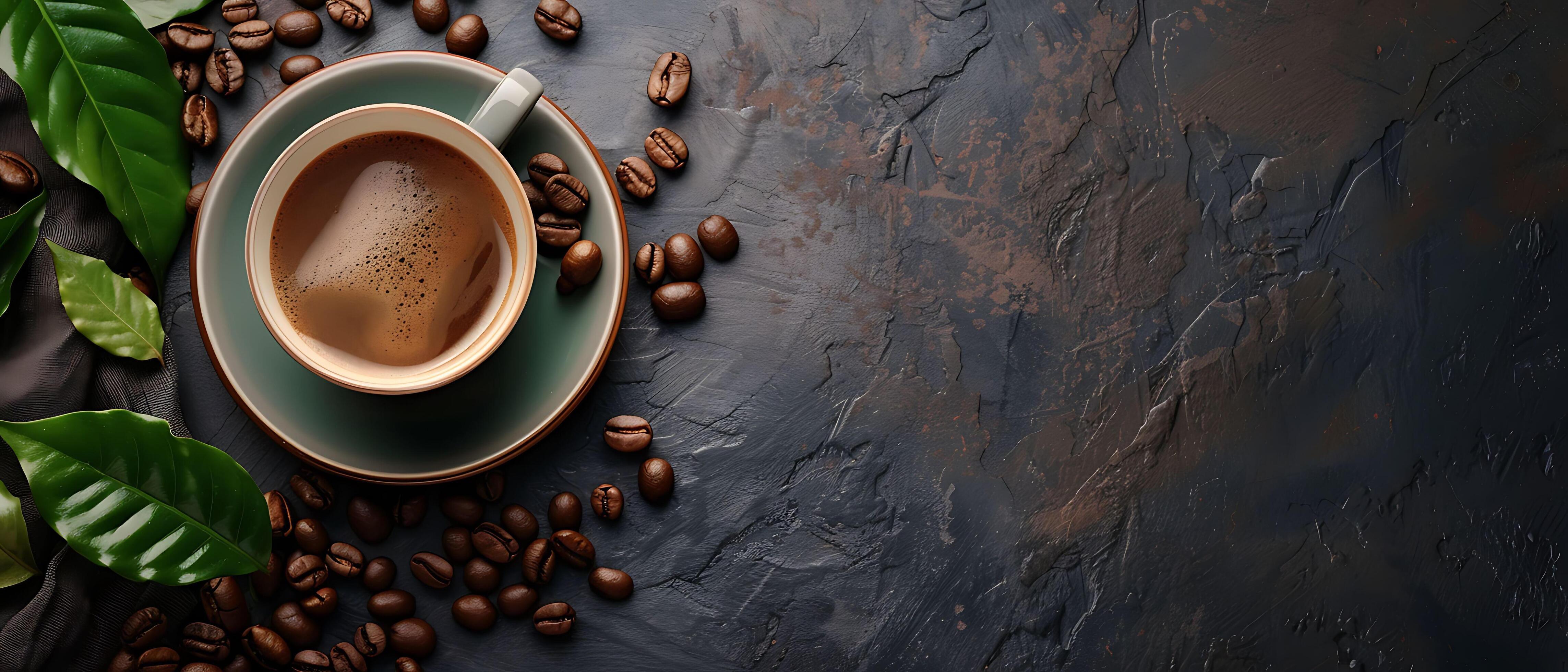 Nostalgic Vintage Coffee Cup and Saucer on Dark Stone Background with Scattered Beans and Leaves for Copy Space Stock Free