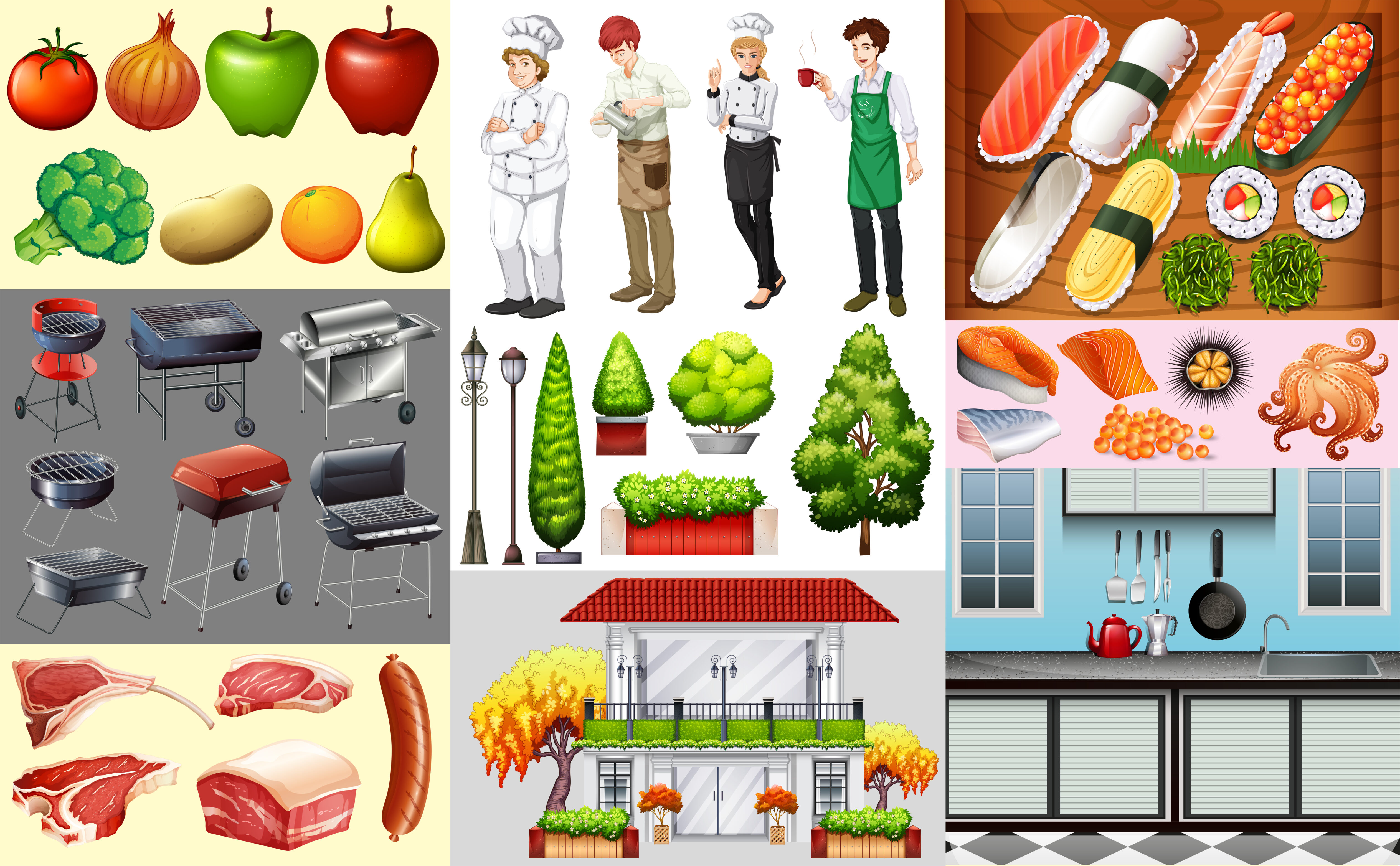 People working in food business and different kinds of food Free Vector