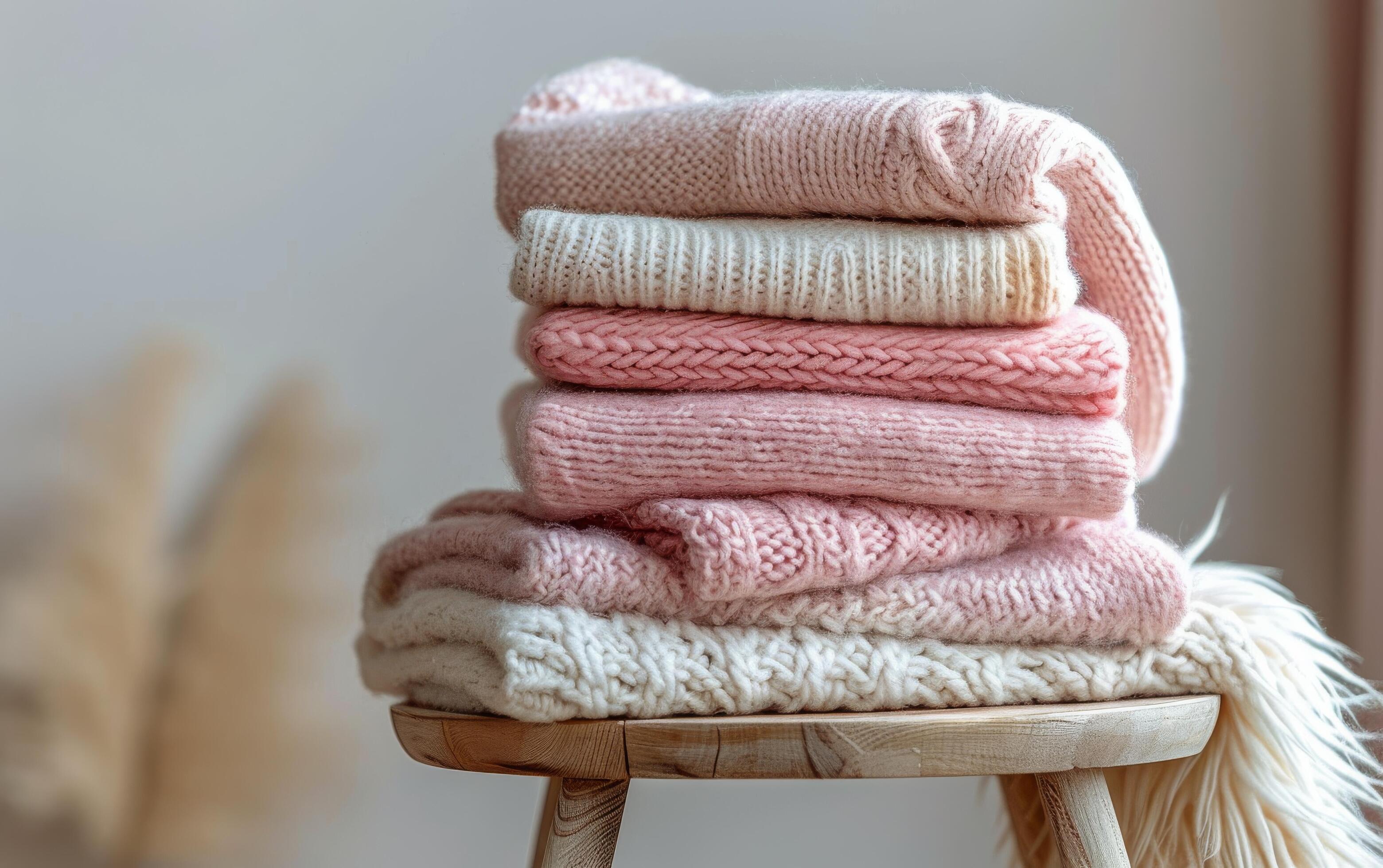 Stack of Pink Knit Sweaters on a White Stool Against a White Paneled Wall Stock Free