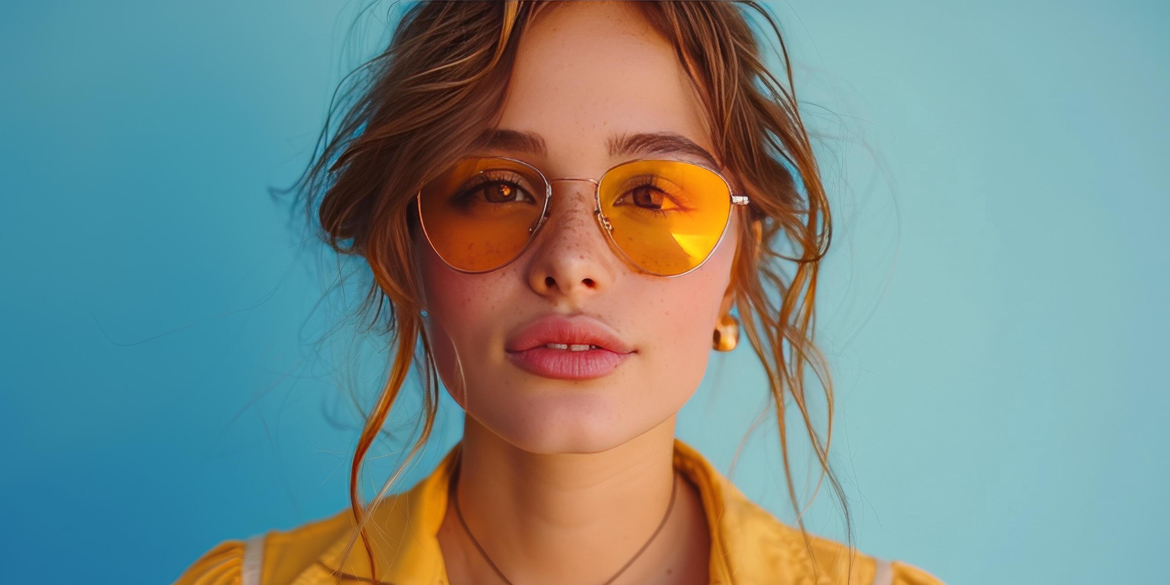 Woman in Yellow Glasses Standing in Front of Blue Wall Stock Free