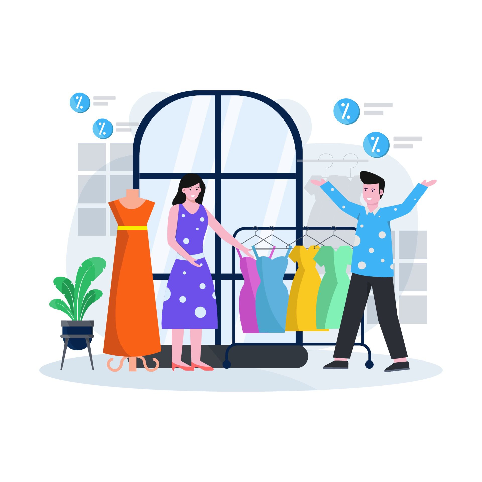 Flat vector illustration of a clothing shop and boutique with people dealing to buy clothes and accessories Free Vector