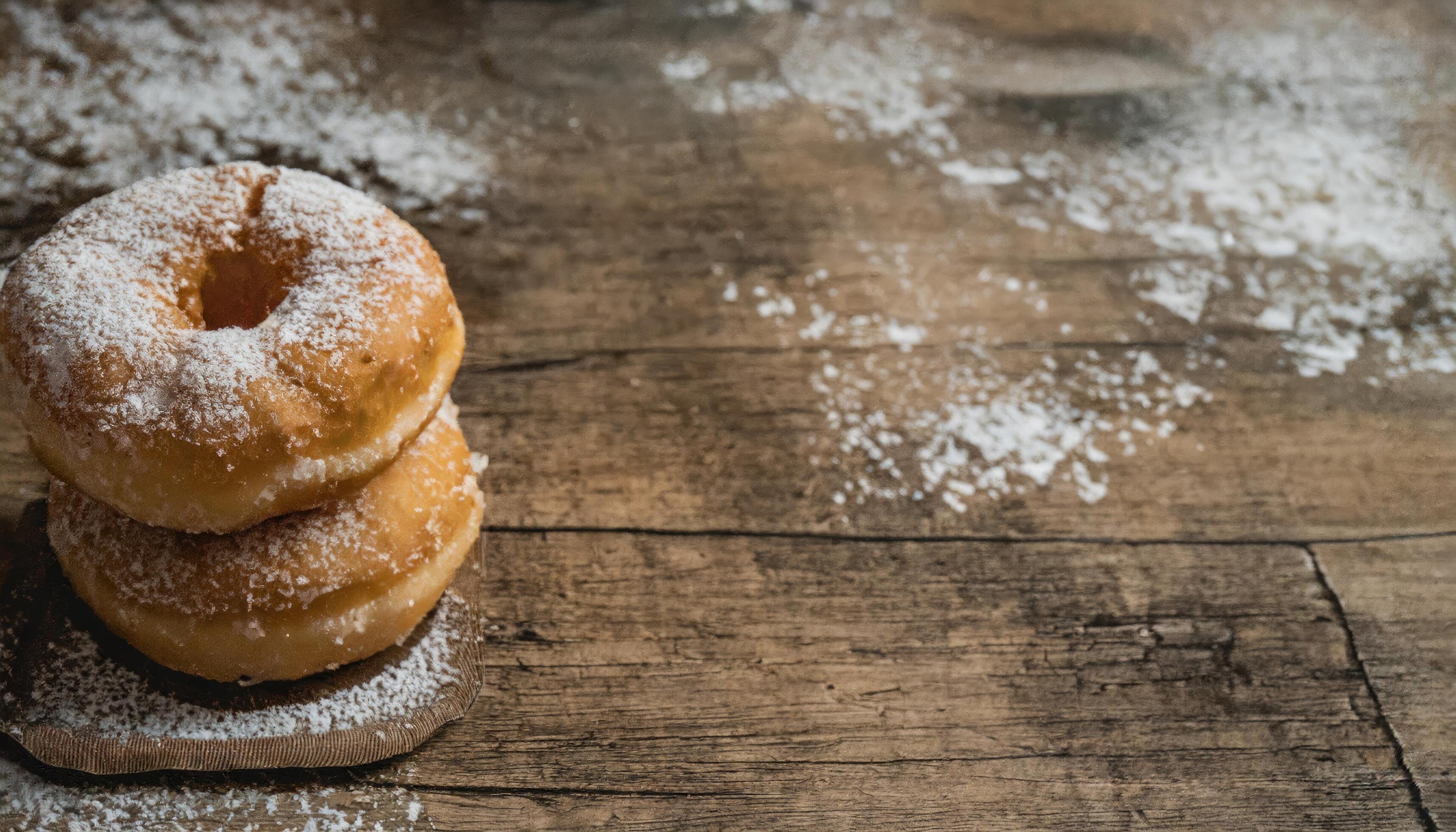 Copy Space image of Donuts with powdered sugar on wooden table on black background Stock Free