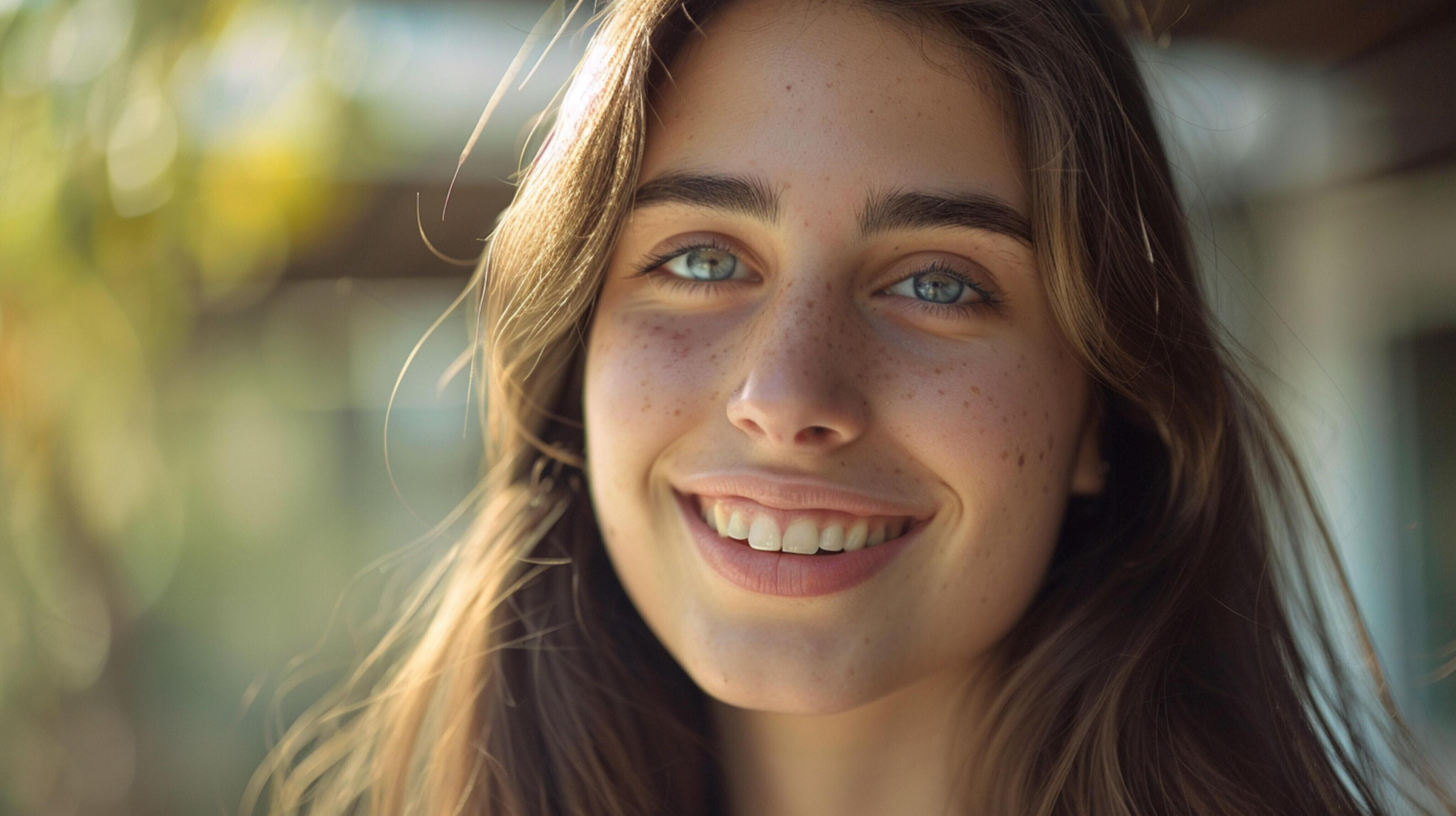 young woman with long brown hair smiling Stock Free