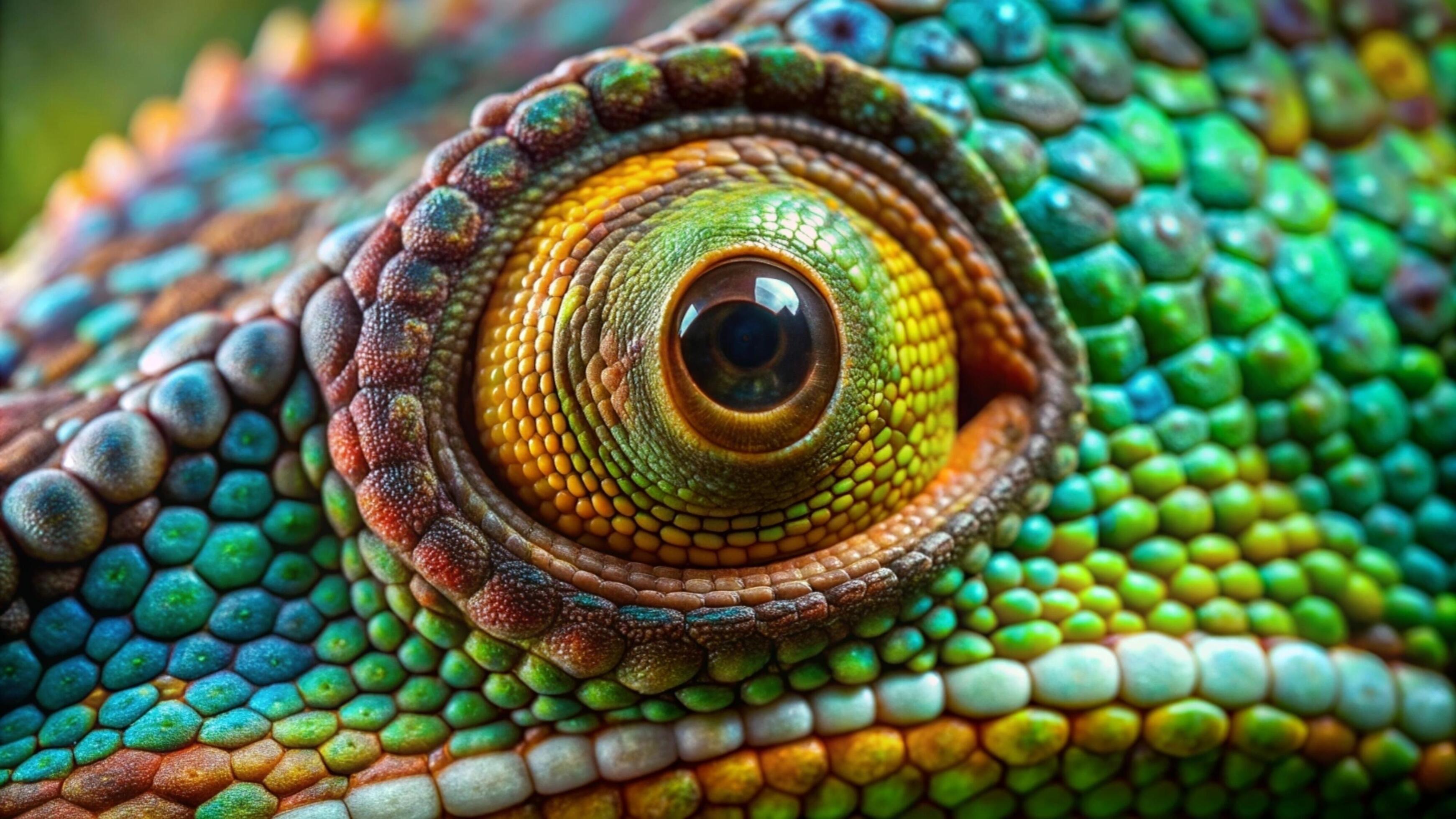 A vibrant chameleon camouflaging against a lush green forest background. Stock Free