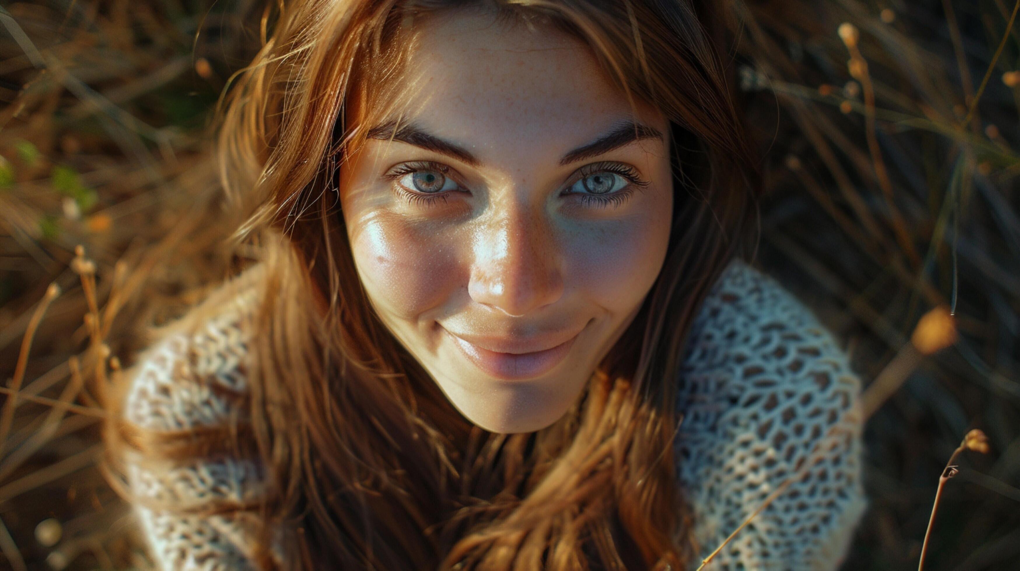 young woman with long brown hair smiling Stock Free