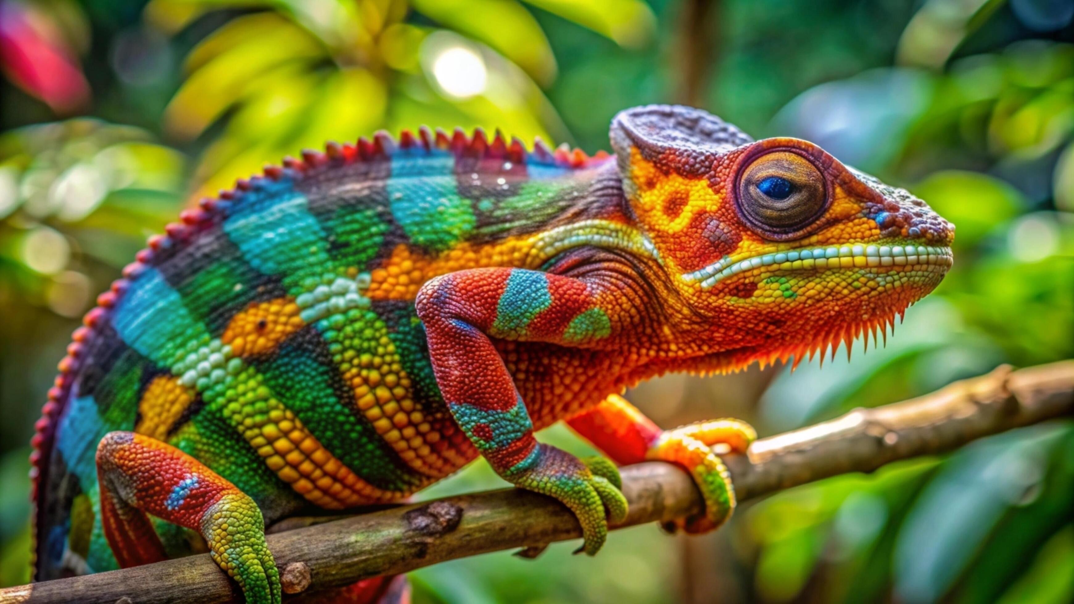 A vibrant chameleon camouflaging against a lush green forest background. Stock Free