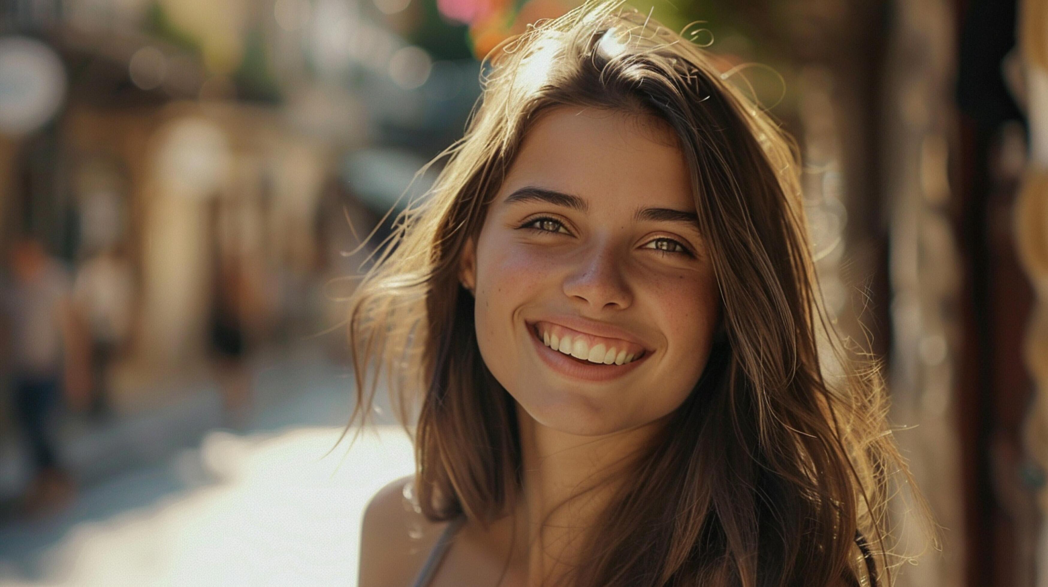 young woman with long brown hair smiling Stock Free