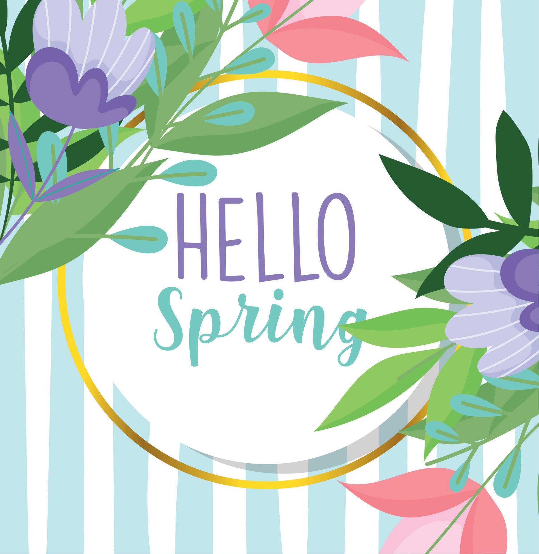 hello spring, purple flowers leaves frame striped background Stock Free