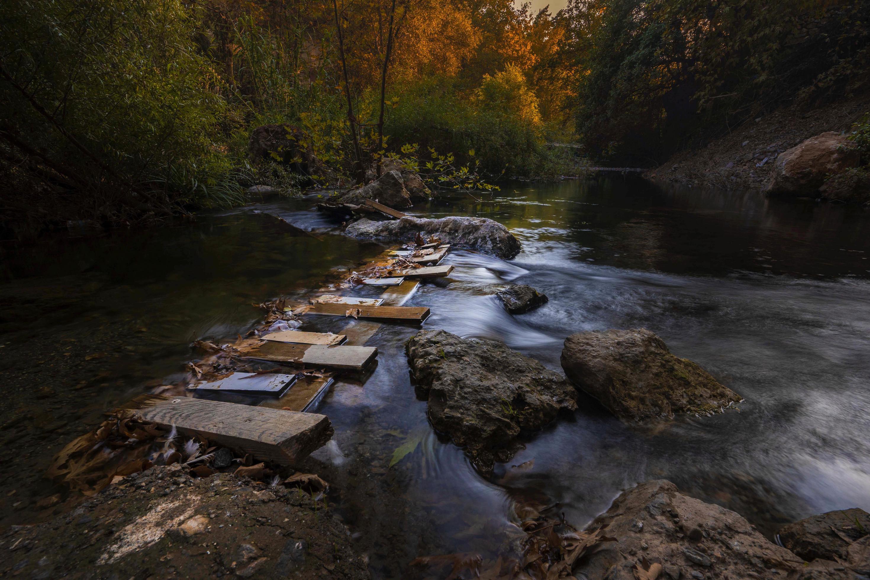 River Long Exposure with Surrounding Forest and Rocks Stock Free