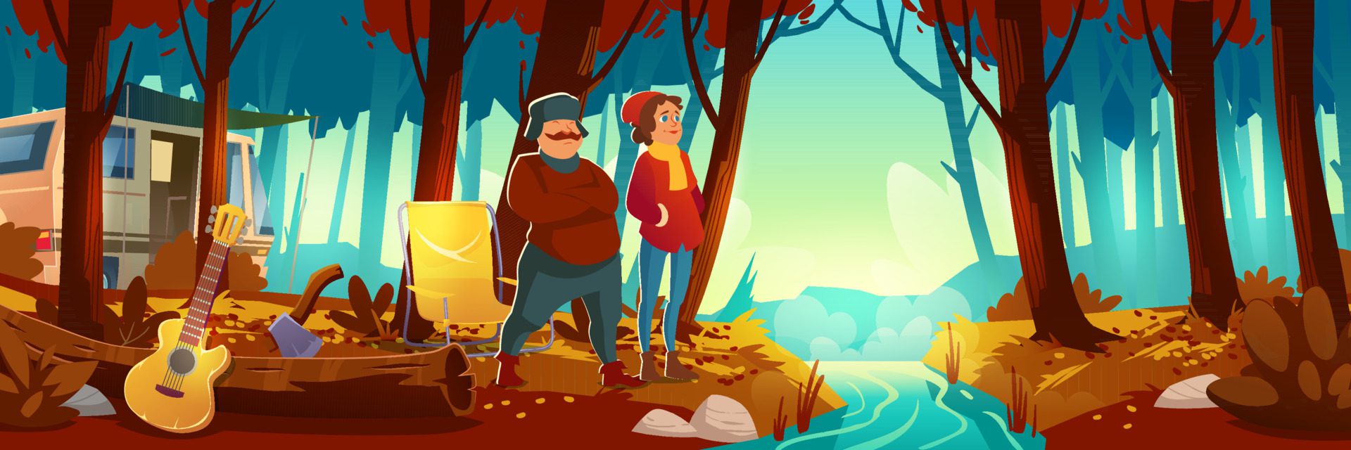 Autumn forest with brook, camp and people Free Vector