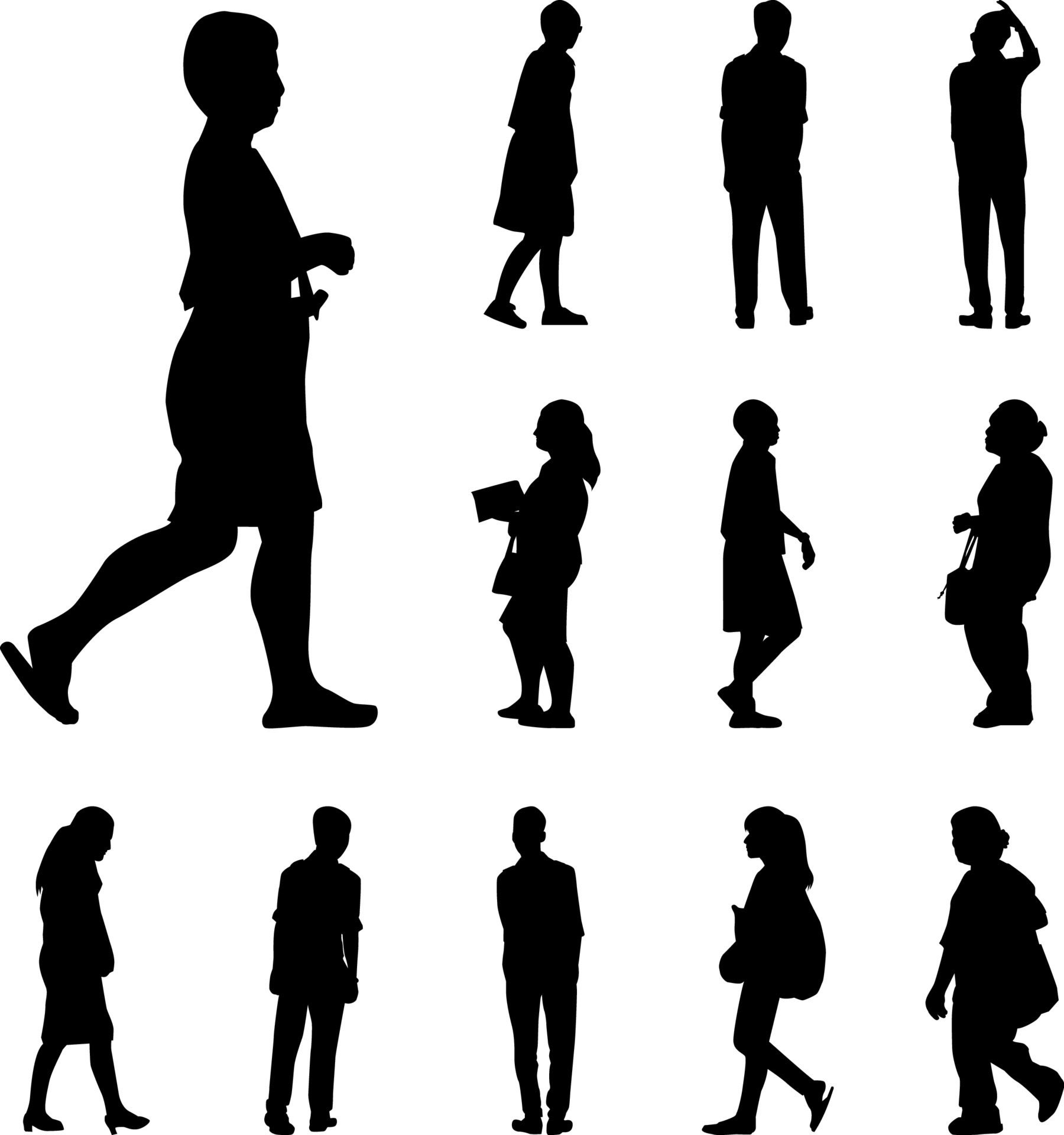 black walk silhouettes vector set, Icon man and women promenade on white background Free Vector