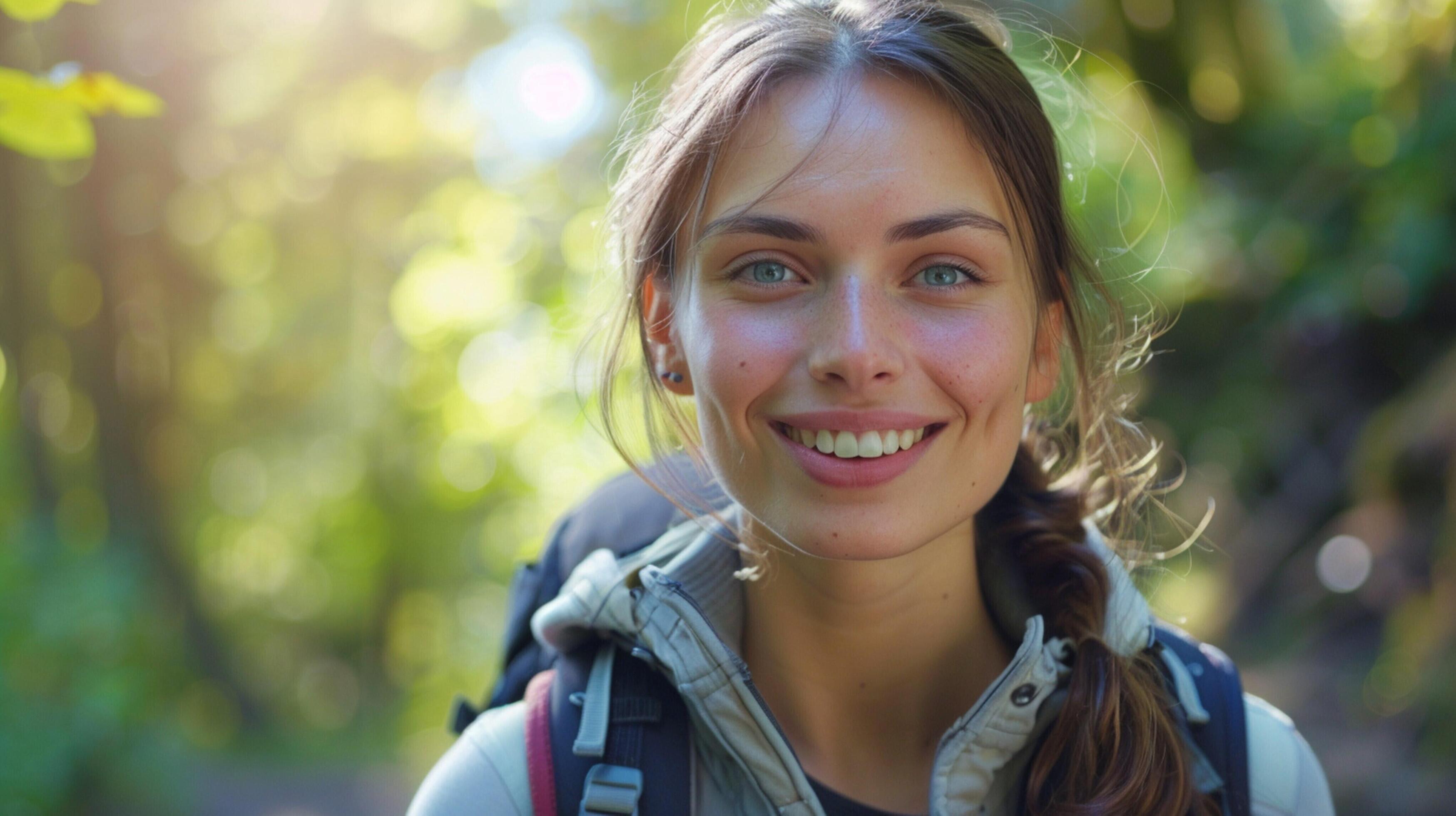 young woman outdoors looking at camera smiling Stock Free