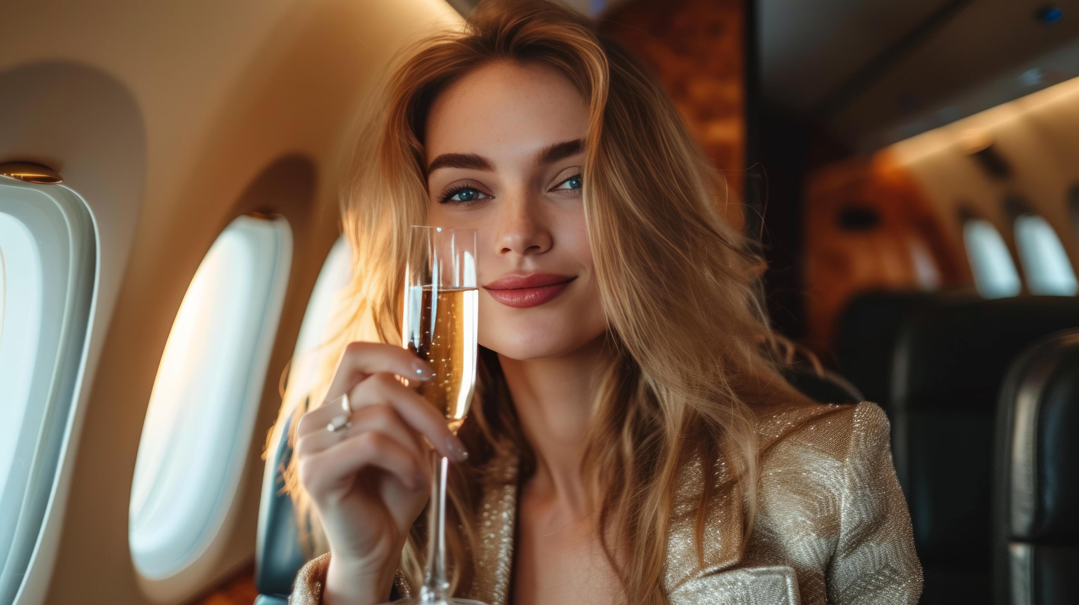 AI generated Beautiful businesswoman drinks champagne in business class of an airplane Stock Free