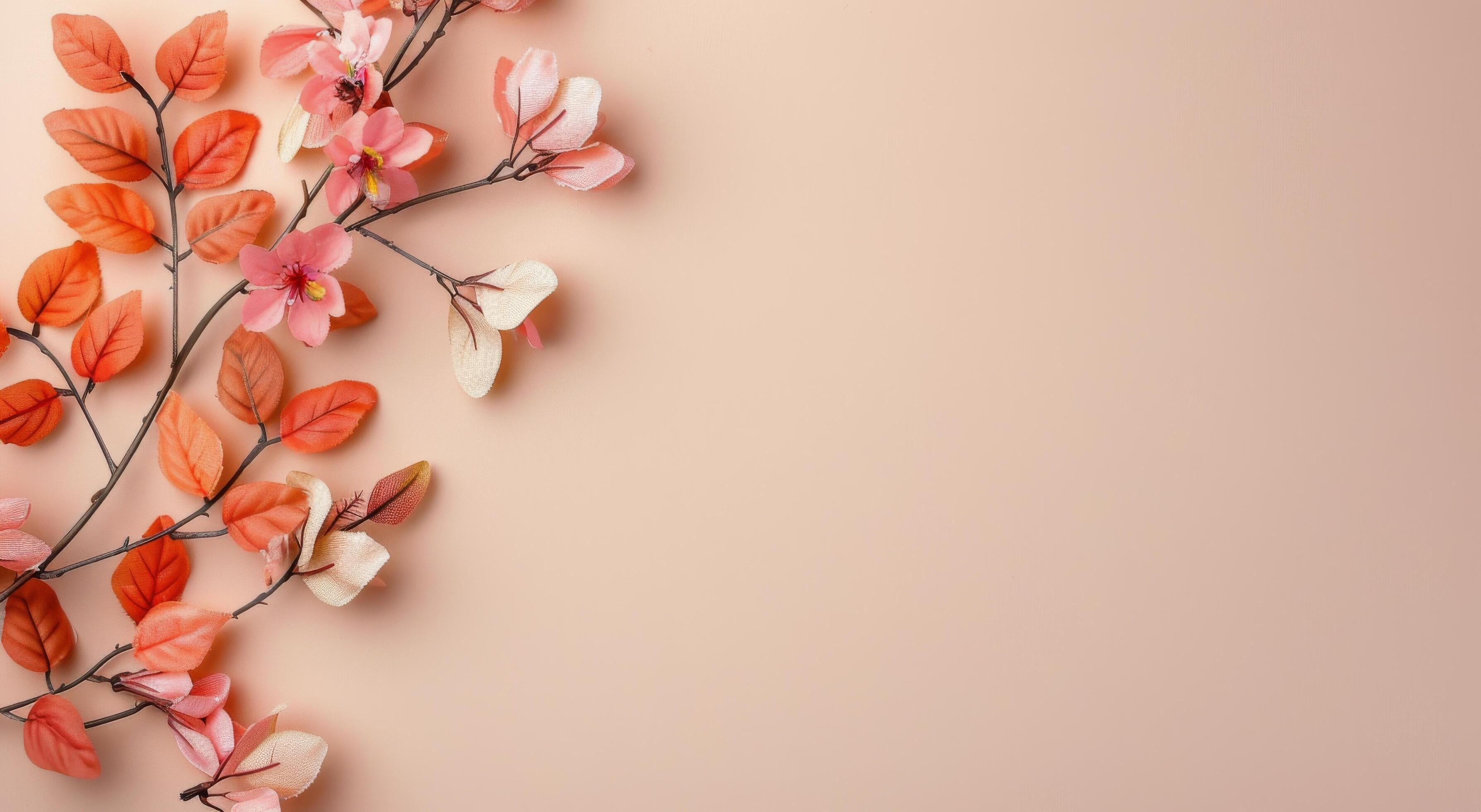 Pink Flowers and Leaves on Peach Background Stock Free