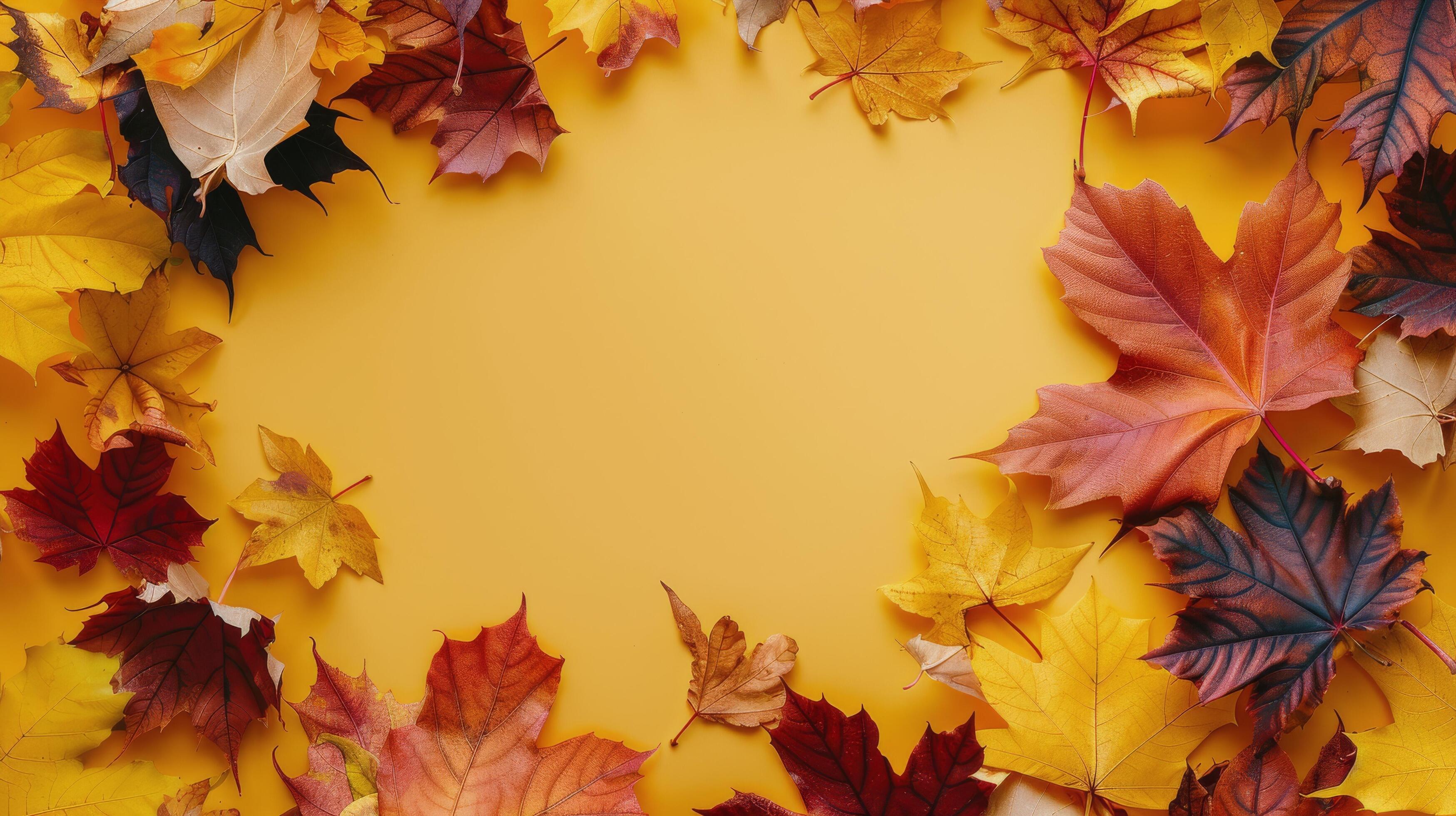 Autumn Leaves on Yellow Background Stock Free