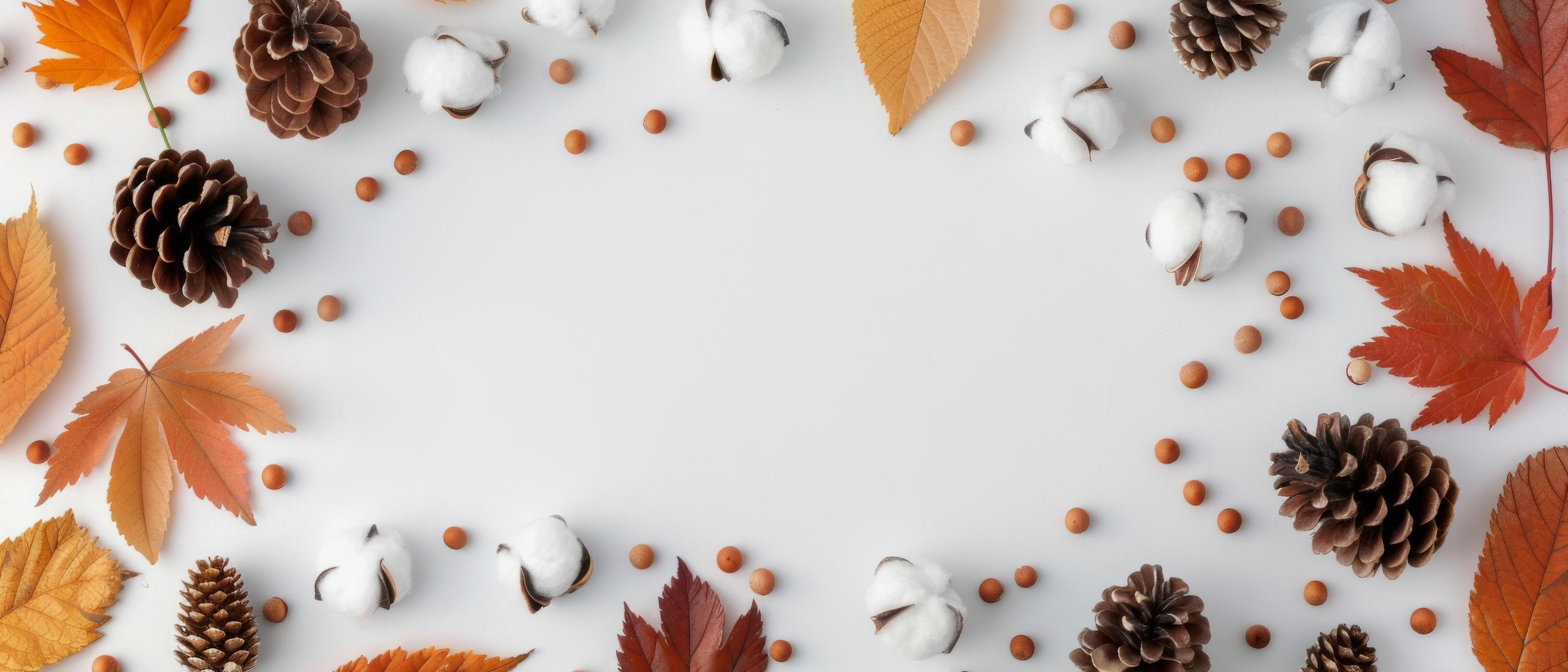 Autumnal Pinecones, Cotton, and Leaves on White Background Stock Free