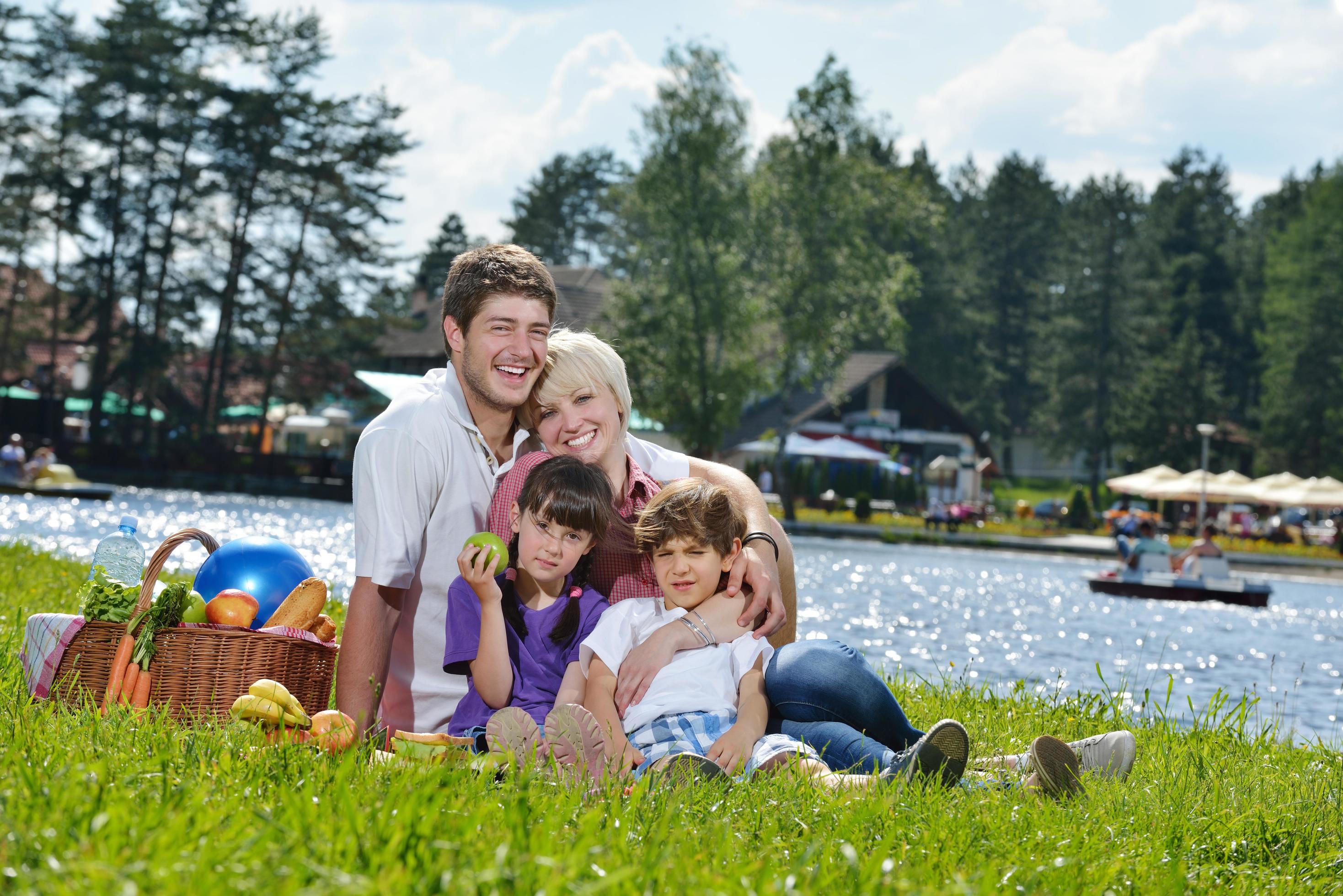 Happy family playing together in a picnic outdoors Stock Free