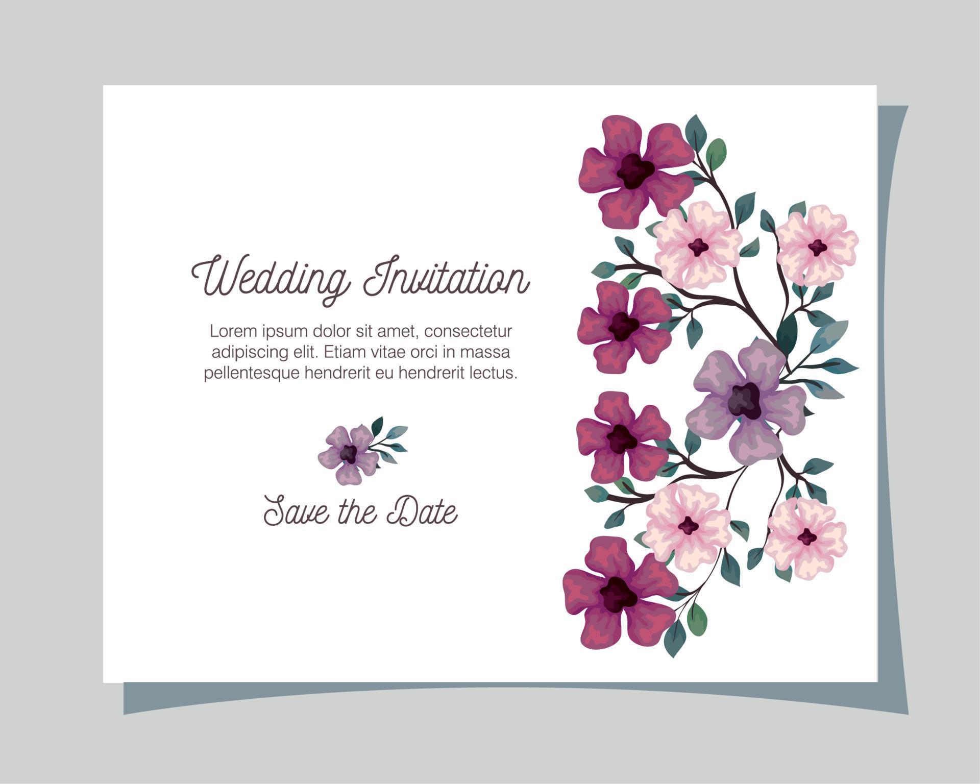 greeting card with flowers lilac, pink and purple color, wedding invitation with flowers with branches and leaves decoration Stock Free