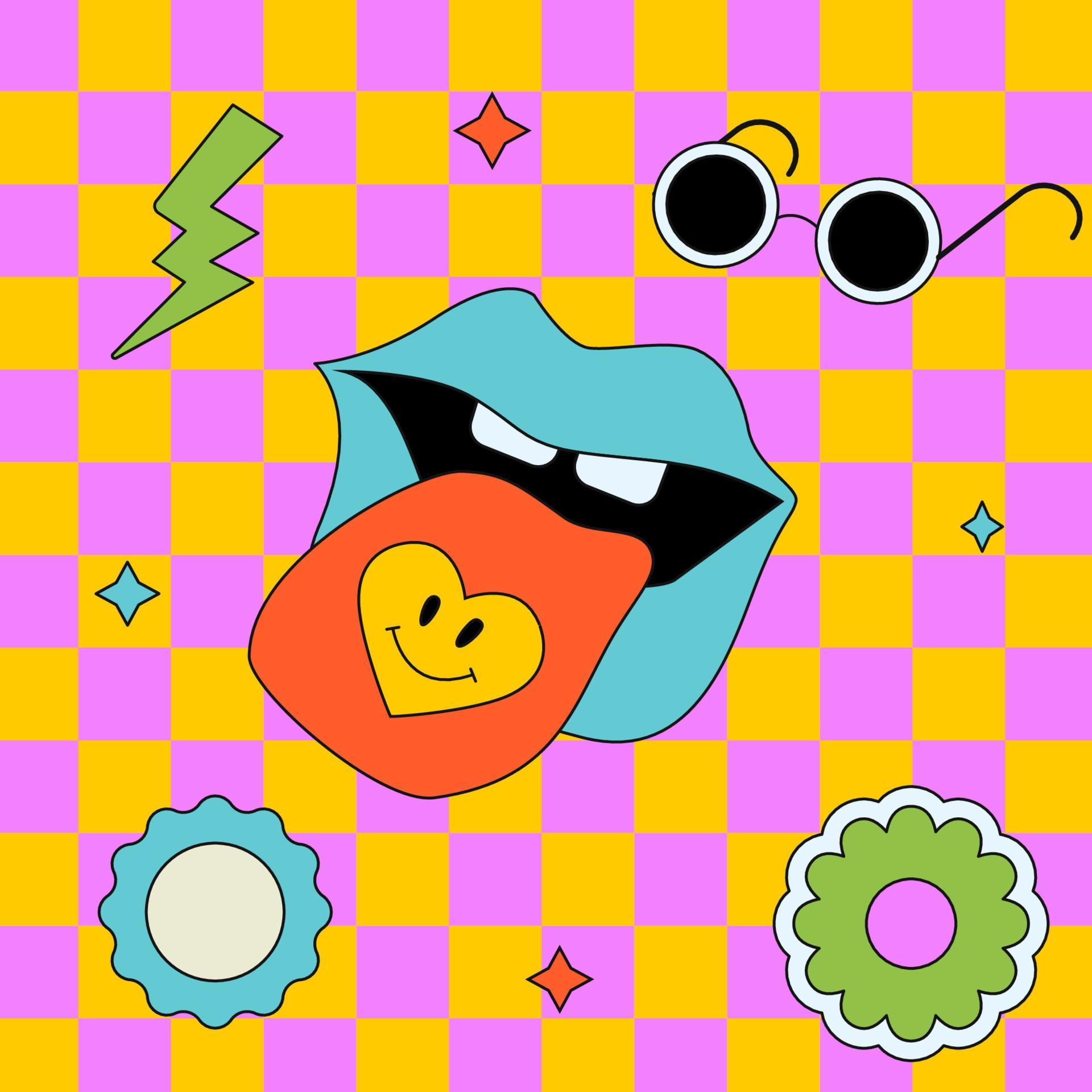 Colourful groovy illustration with crazy lips, goggle, light and flower. Vector trendy outlined patch. Stock Free