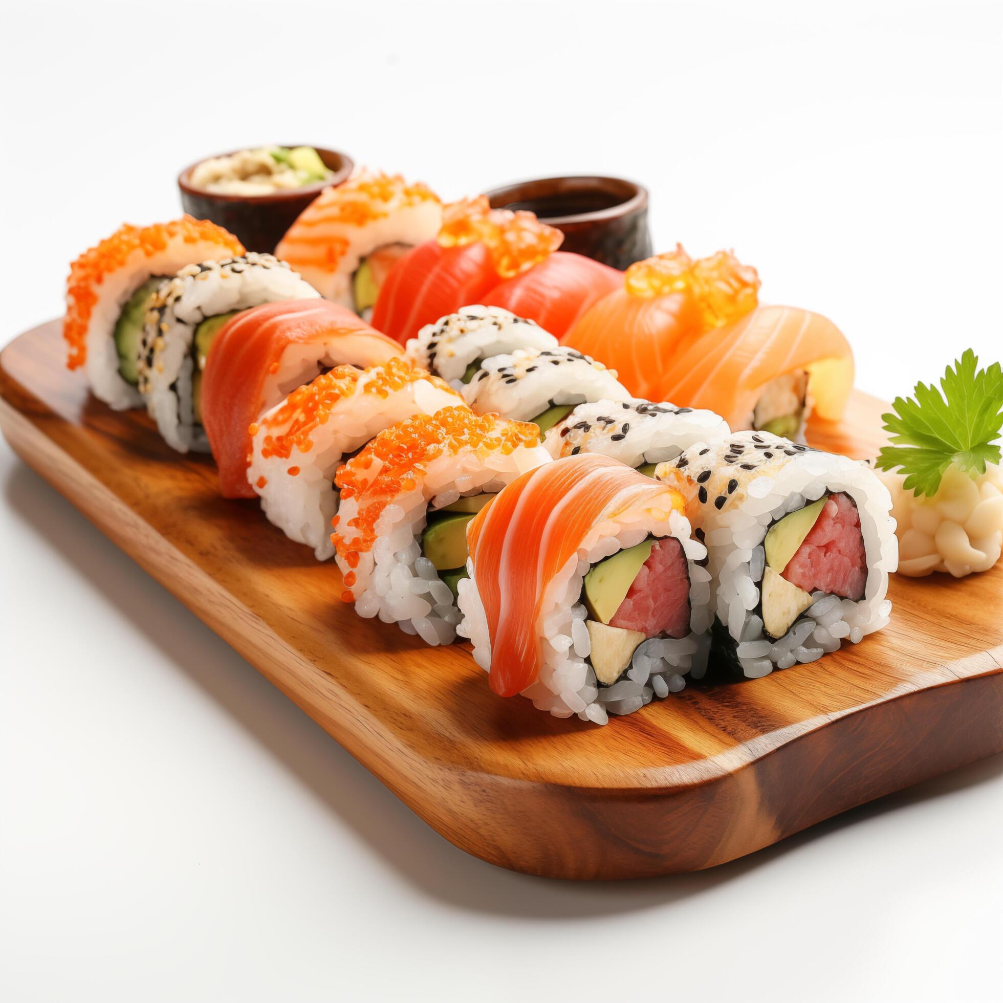 Wooden desk with different kinds of sushi isolated on white background. Photo for restaurant menu, advertising, delivery, banner Stock Free